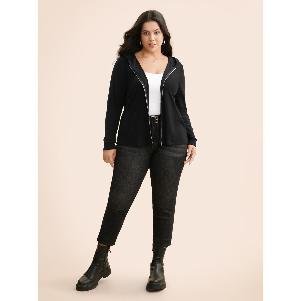 Plus Size Hooded Zipper Medium Stretch Sweatshirt Women Black Casual Texture Hooded Everyday Sweatshirts BloomChic 26/4X Product Image
