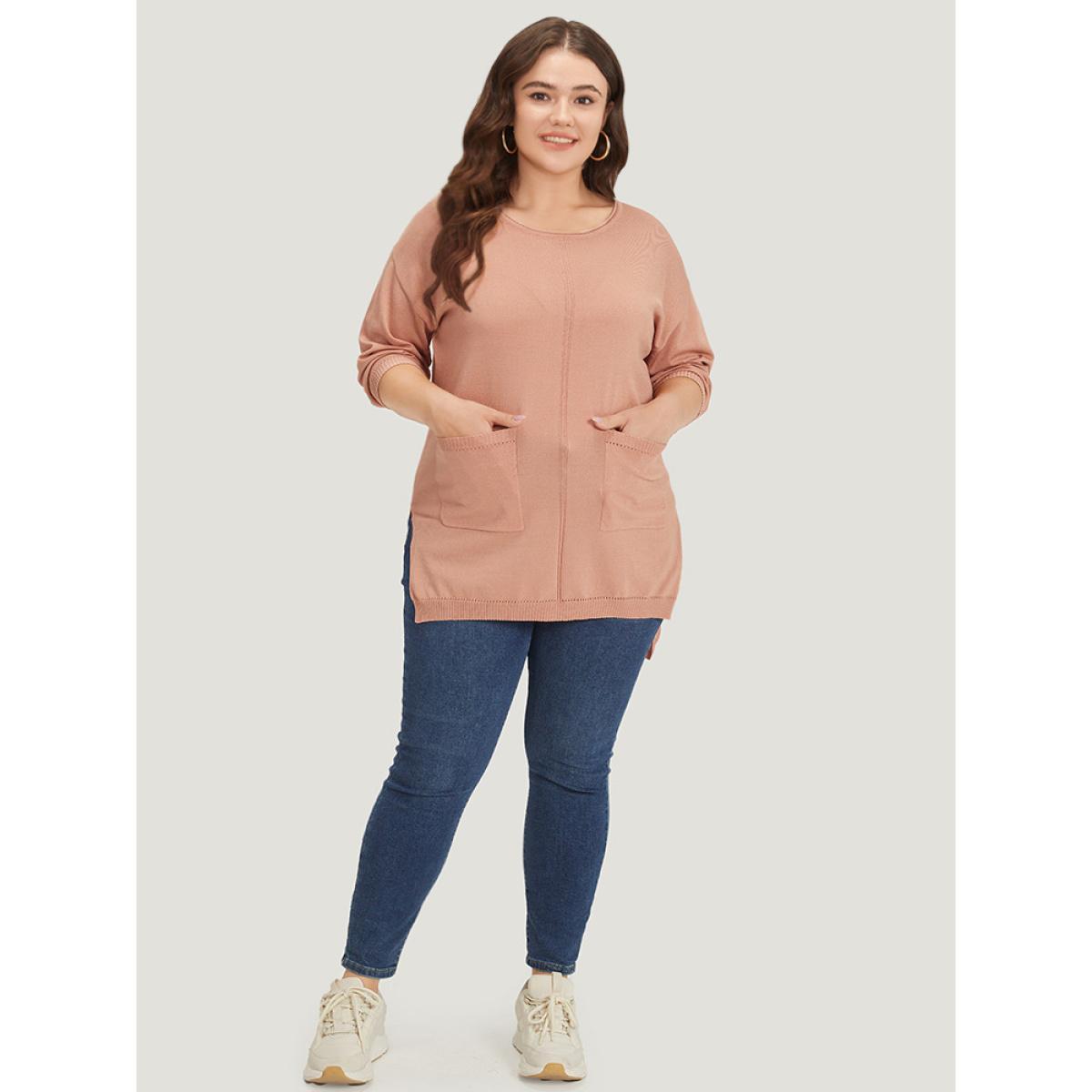 Plus Size Solid Patched Pocket Split Side High Low Hem Pullover Salmon Women Casual Loose Elbow-length sleeve Round Neck Dailywear Pullovers BloomChic 22-24/3X Product Image
