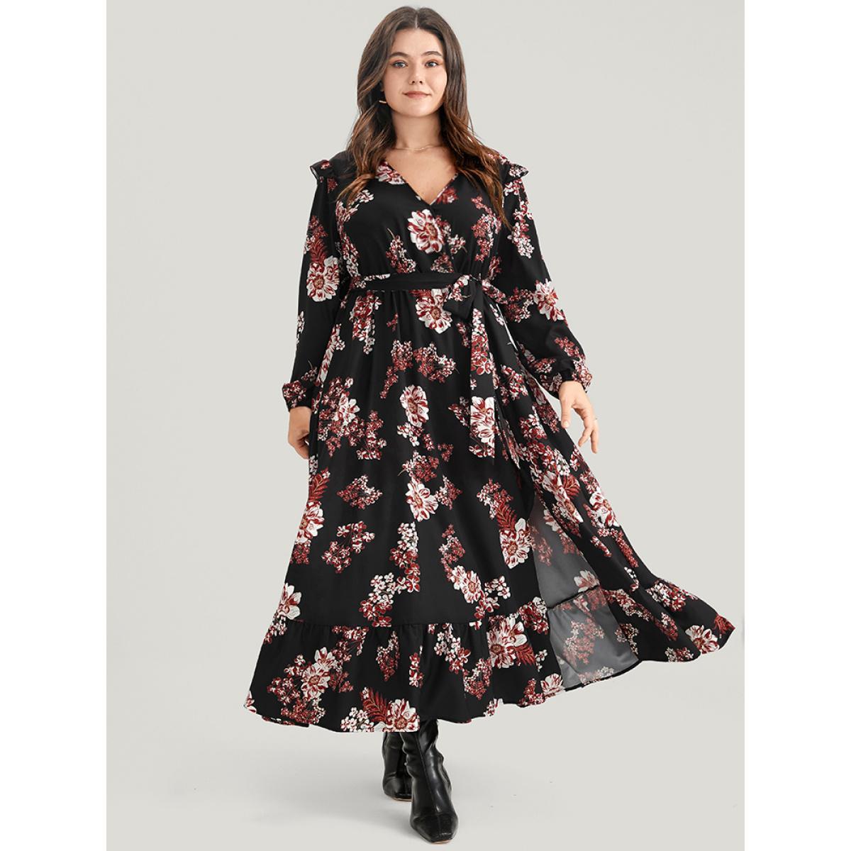 Plus Size Floral Belted Wrap Pocket Lantern Sleeve Split Flutter Dress Black Women Elegant Pocket V-neck Long Sleeve Curvy Midi Dress BloomChic 28/5X Product Image