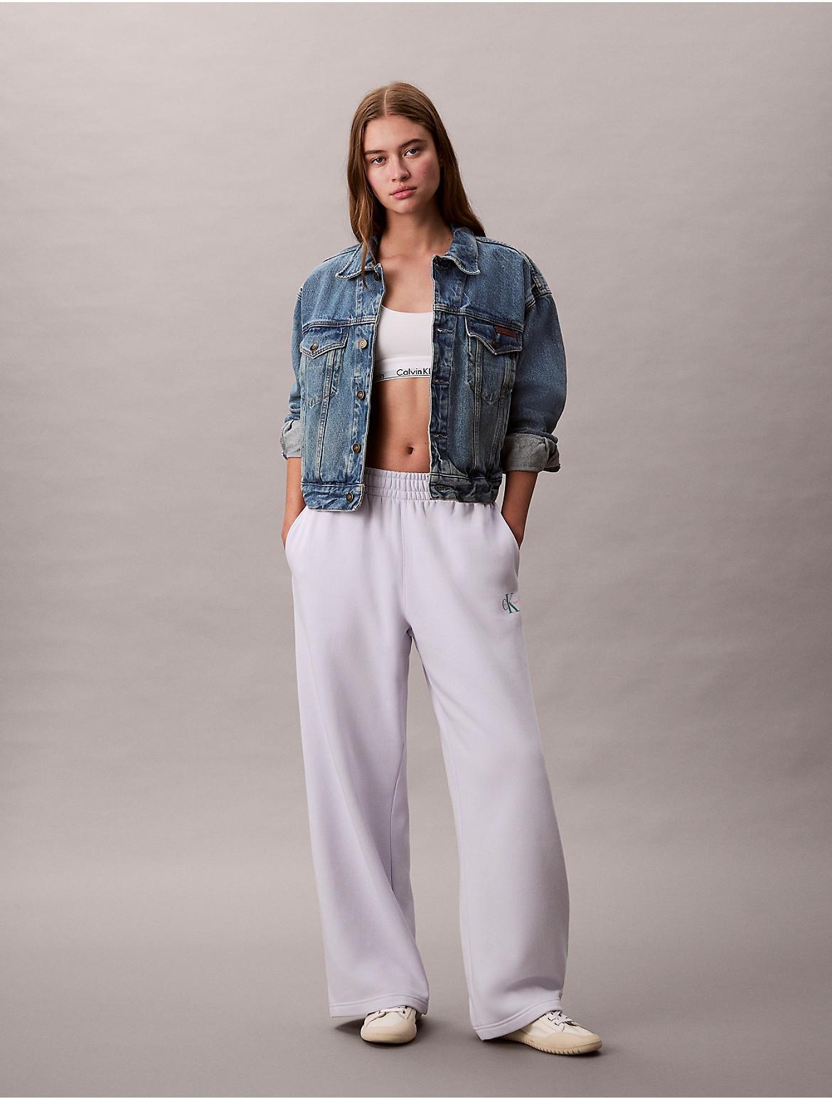 Calvin Klein Womens Monogram Logo Fleece Wide Leg Sweatpants - White Product Image