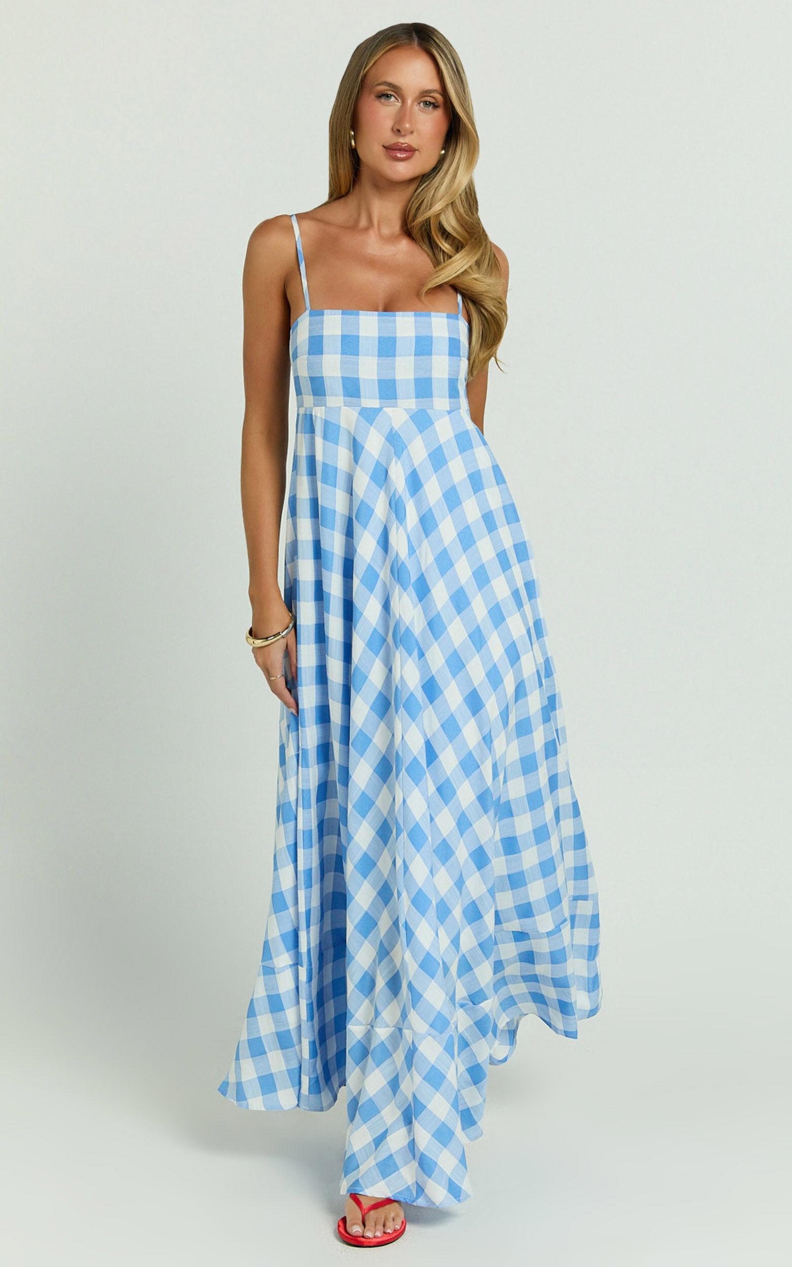 Katrien Maxi Dress - Strappy Empire Waist Flare Dress in Blue Check Product Image