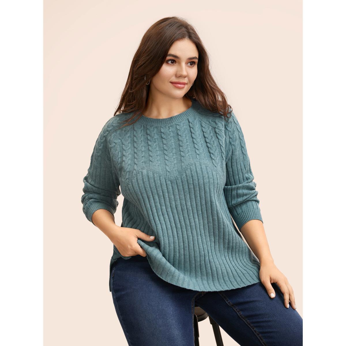 Plus Size Solid Cable Knit Raglan Sleeve Pullover SlateGray Women Casual Long Sleeve Round Neck Everyday Pullovers BloomChic 10/M Product Image