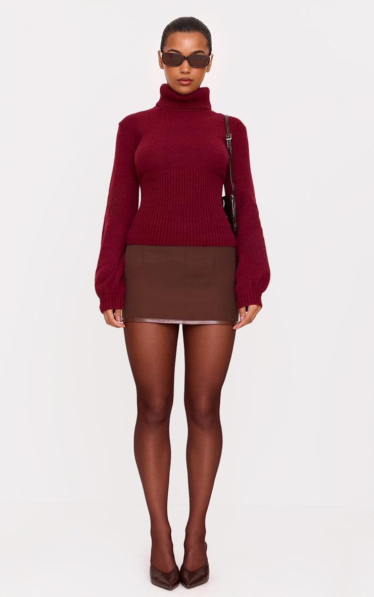 Burgundy Roll Neck Contrast Panel Knitted Sweater Product Image