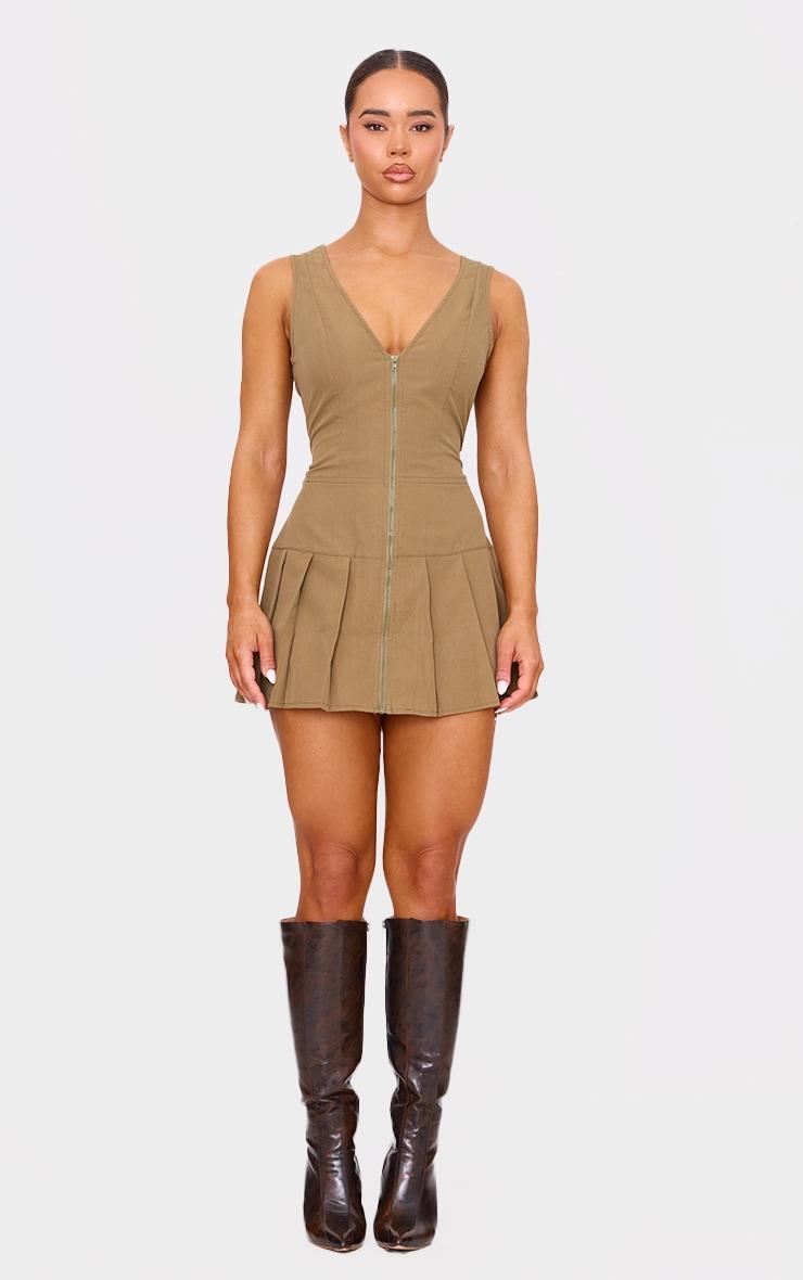 Khaki Tailored Woven Zip Pleated Shift Dress Product Image