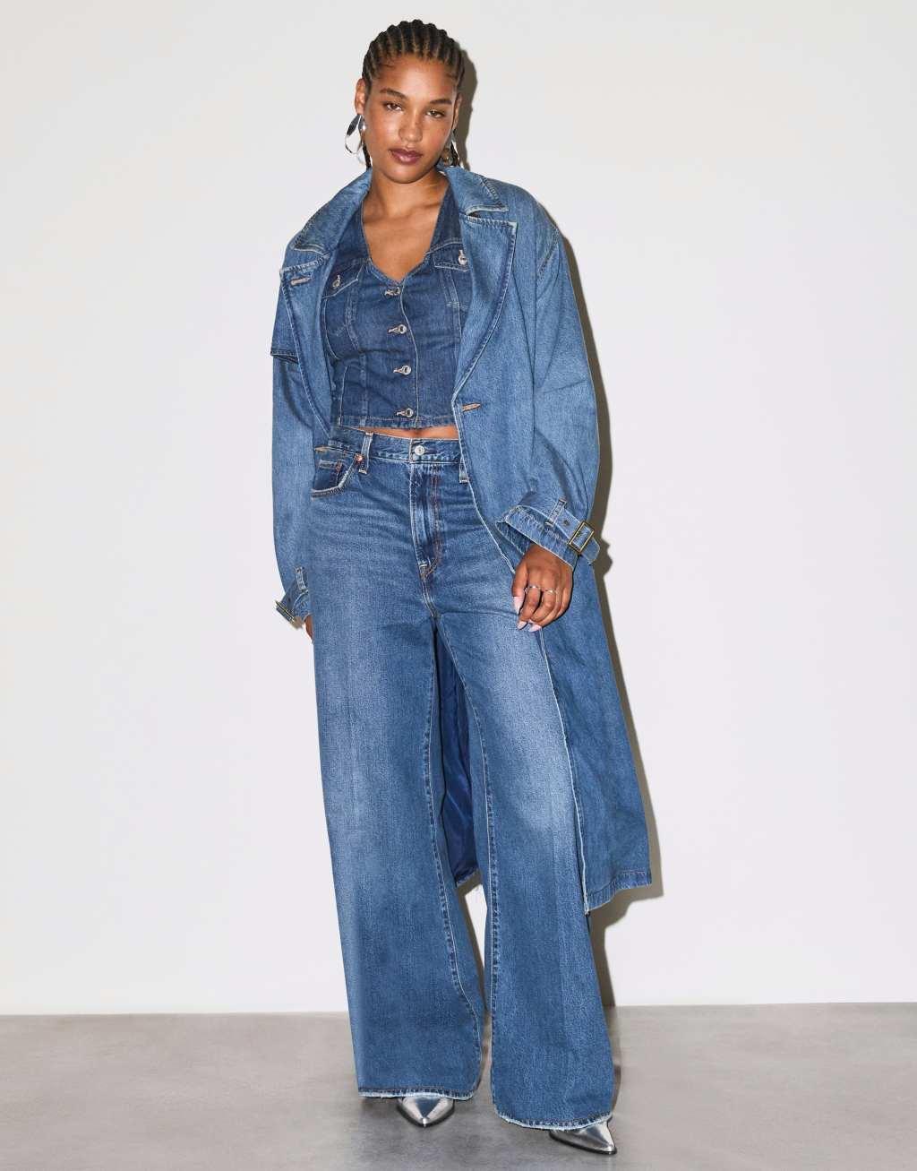 Levi's ribcage high rise wide leg jeans in dark blue Product Image