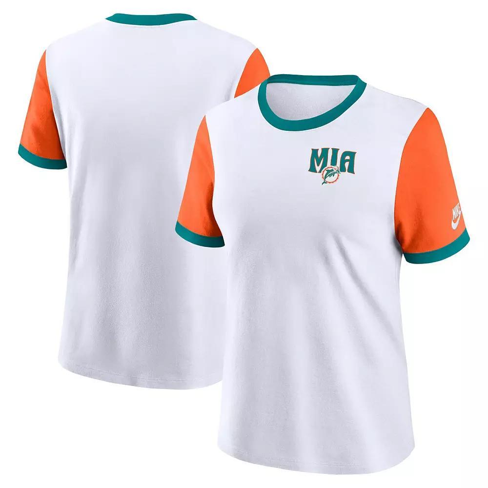 Women's Nike White/Orange Miami Dolphins Rewind Ringer T-Shirt, Size: Small Product Image