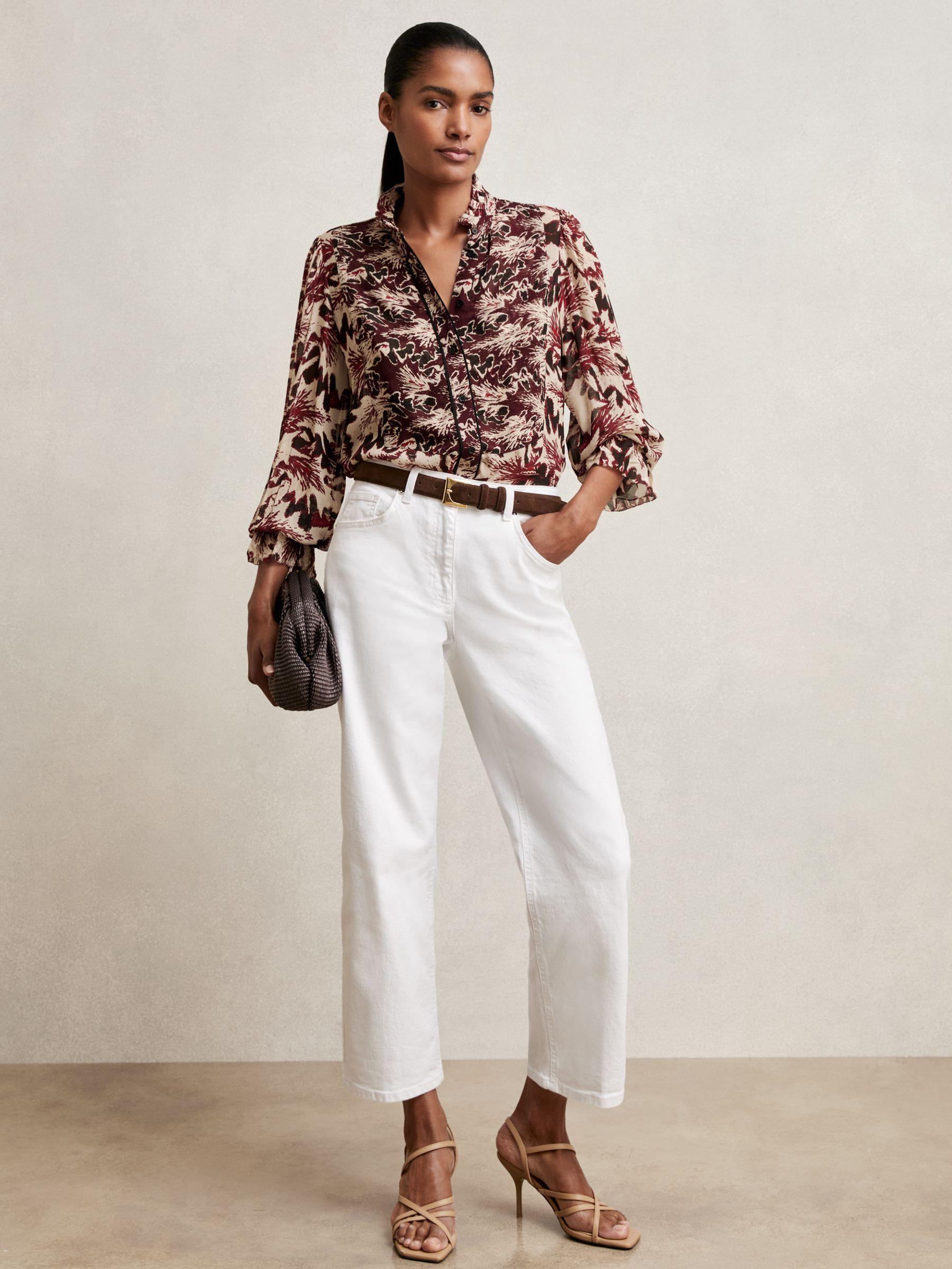 Abstract-Print Ruffle-Neck Shirt in Burgundy/Cream Product Image