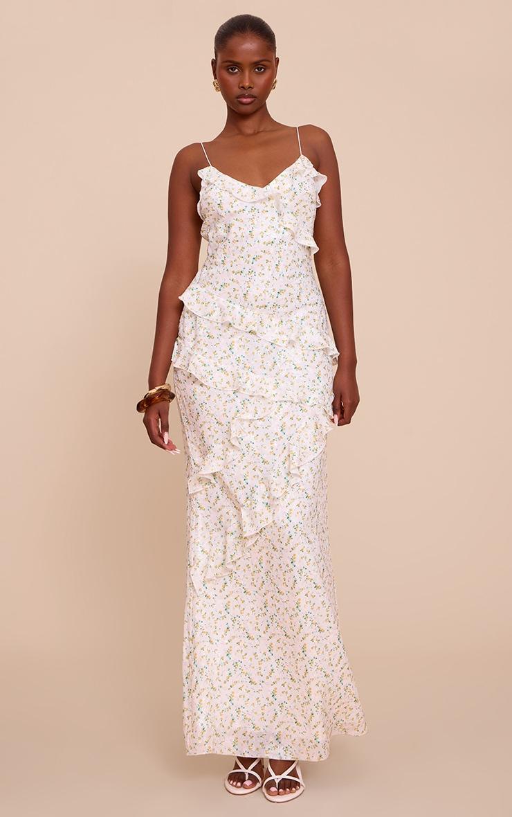 White Ditsy Floral Embroidered Frill Maxi Dress Product Image