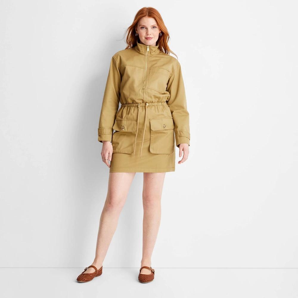 Women's Utility Mini Dress - Future Collective Khaki M: Recycled Polyester, Collared, Long Sleeve Product Image