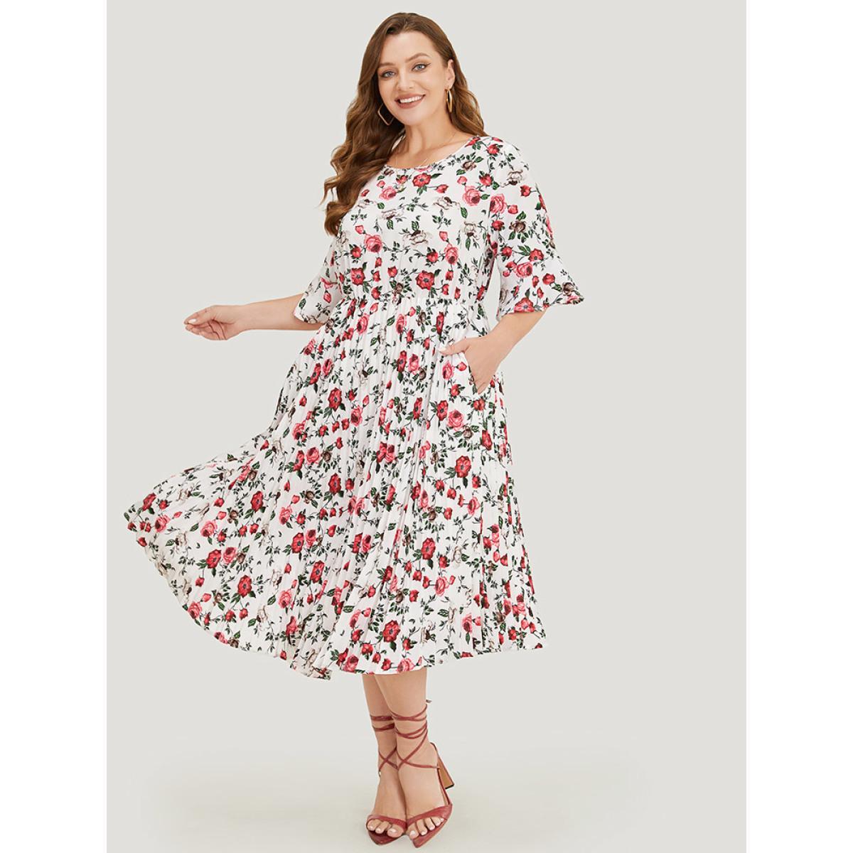 Plus Size Floral Print Pleated Hem Pocket Bell Sleeve Midi Dress Multicolor Women Elegant Pleated Round Neck Half Sleeve Curvy Midi Dress BloomChic 12/L Product Image