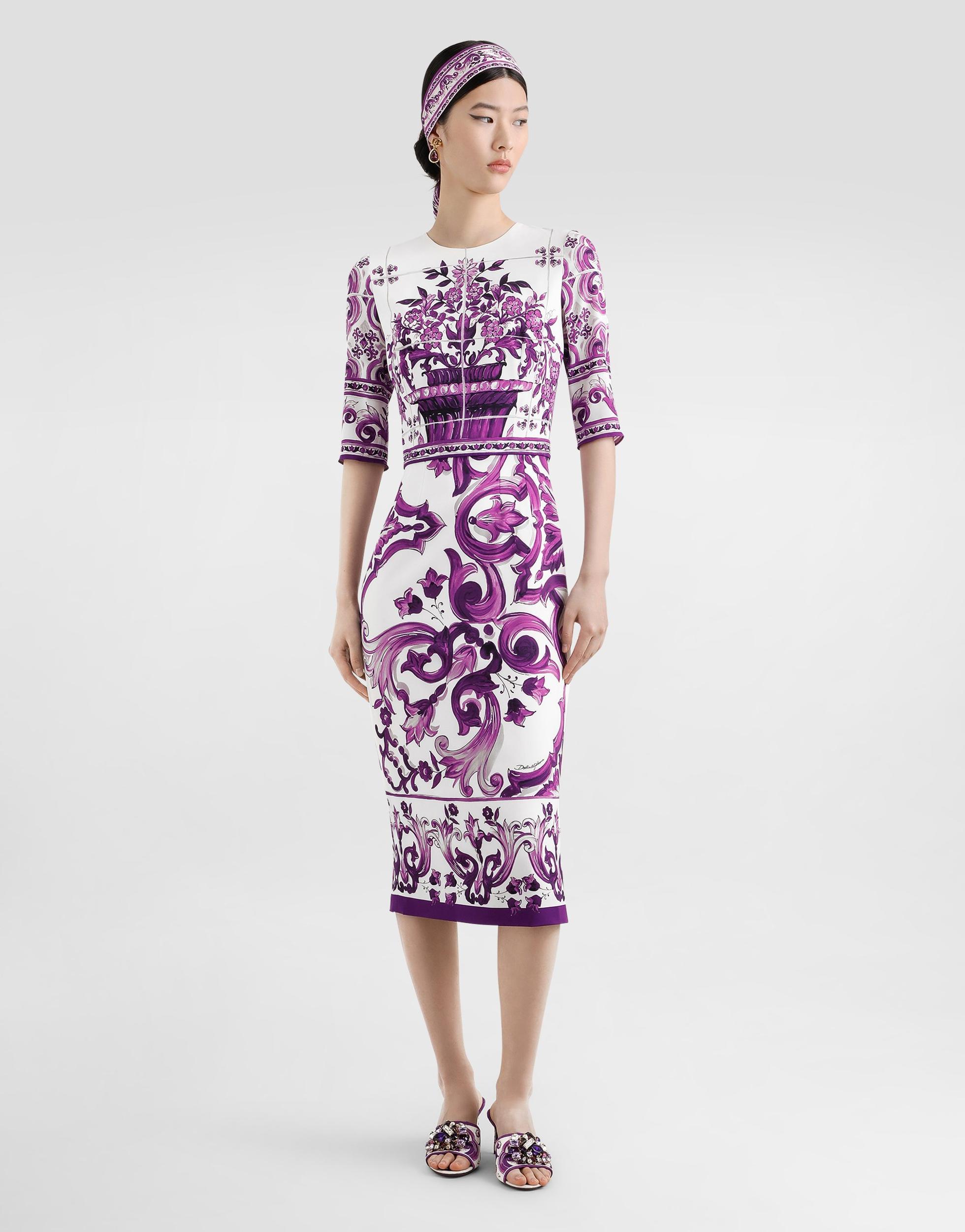 DOLCE & GABBANA Violet Crewneck Dress With Rear Zip Closure And All-over Floral Print In Silk Stretch Woman In Purple Product Image