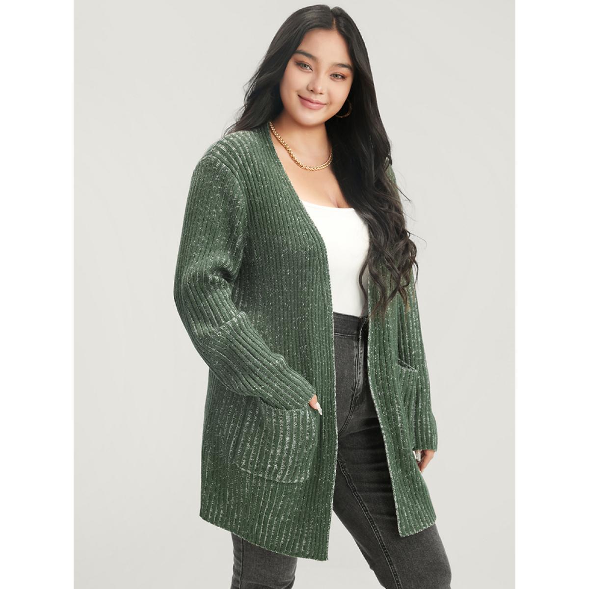 Plus Size Solid Pointelle Knit Heather Rib Knit Open Front Cardigan ArmyGreen Women Casual Loose Long Sleeve Work Cardigans BloomChic 28/5X Product Image