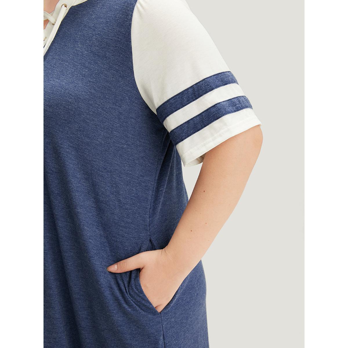 Plus Size Supersoft Essentials Striped Pocket Patchwork Lace Up Dress Indigo Women Casual Cross straps V-neck Short sleeve Curvy Knee Dress BloomChic 12/L Product Image
