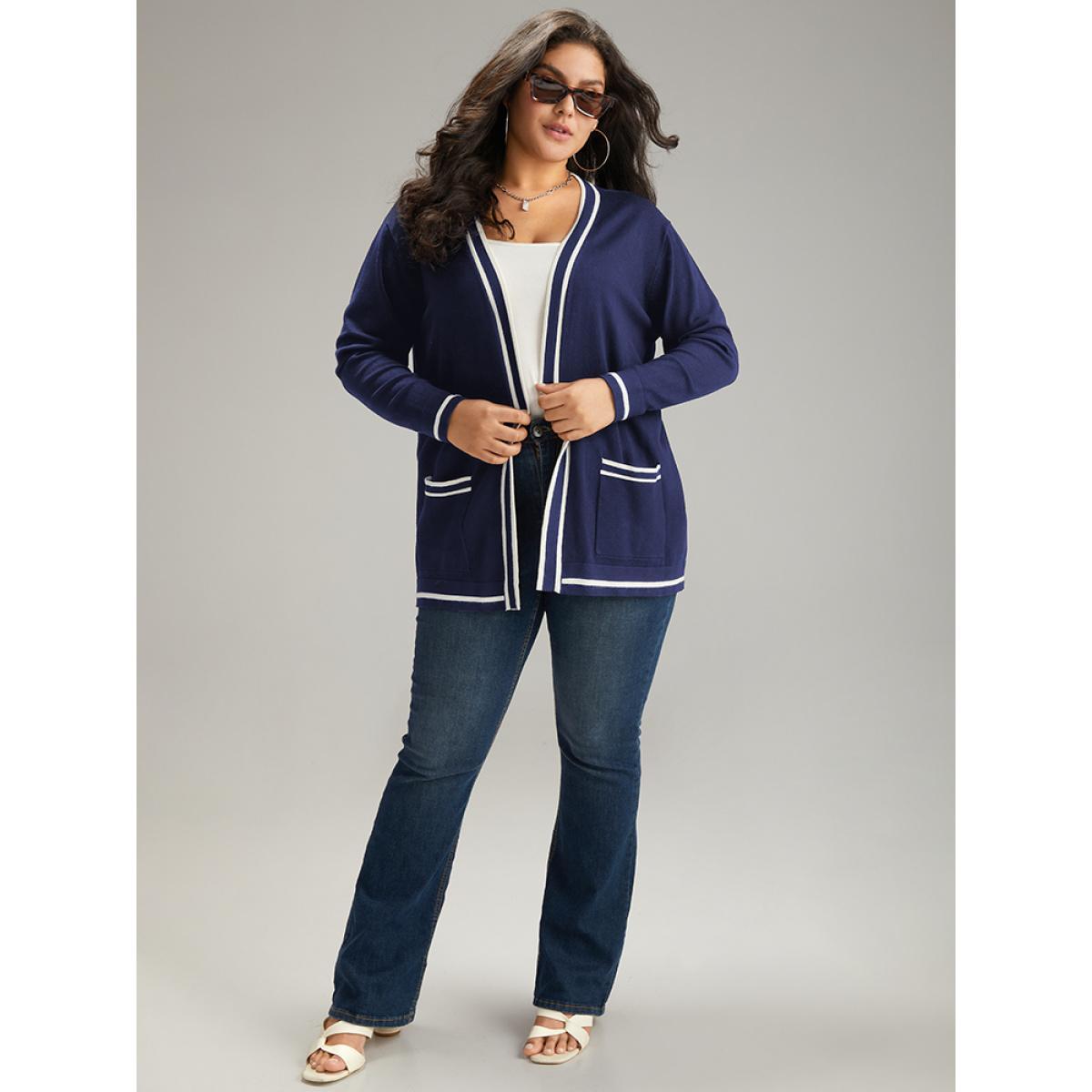 Plus Size Supersoft Essentials Striped Patchwork Pocket Open Front Cardigan Indigo Women Casual Loose Long Sleeve Everyday Cardigans BloomChic 28/5X Product Image