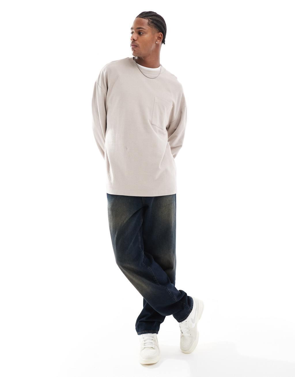 ASOS DESIGN oversized long sleeve boucle t-shirt in stone Product Image