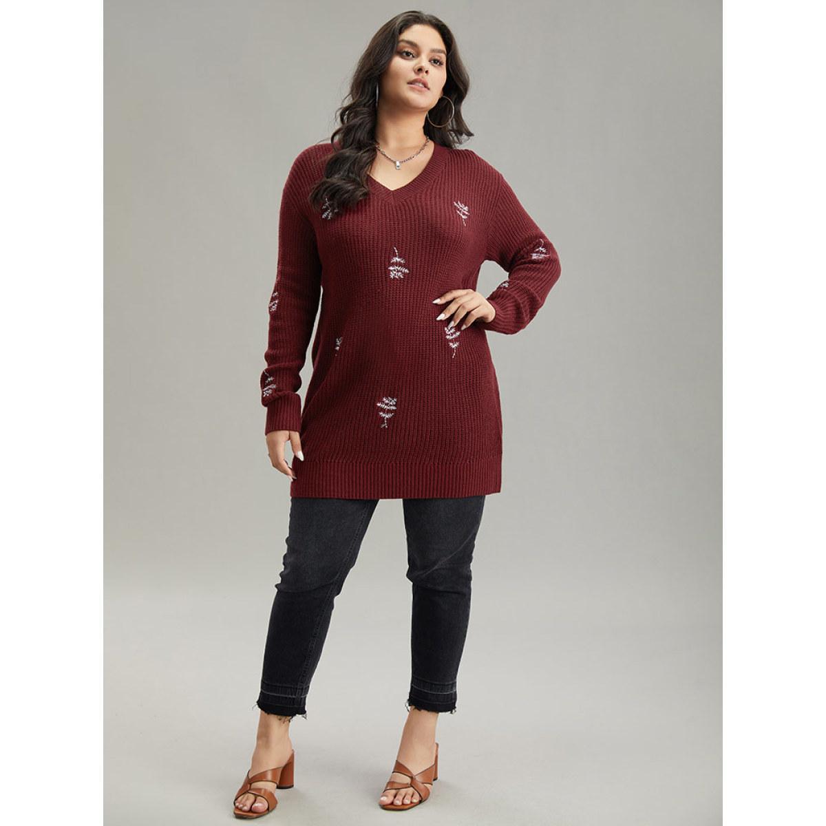 Plus Size Plants Embroidered Plisse Elastic Cuffs Pullover Scarlet Women Casual Loose Long Sleeve V-neck Everyday Pullovers BloomChic 18-20/2X Product Image