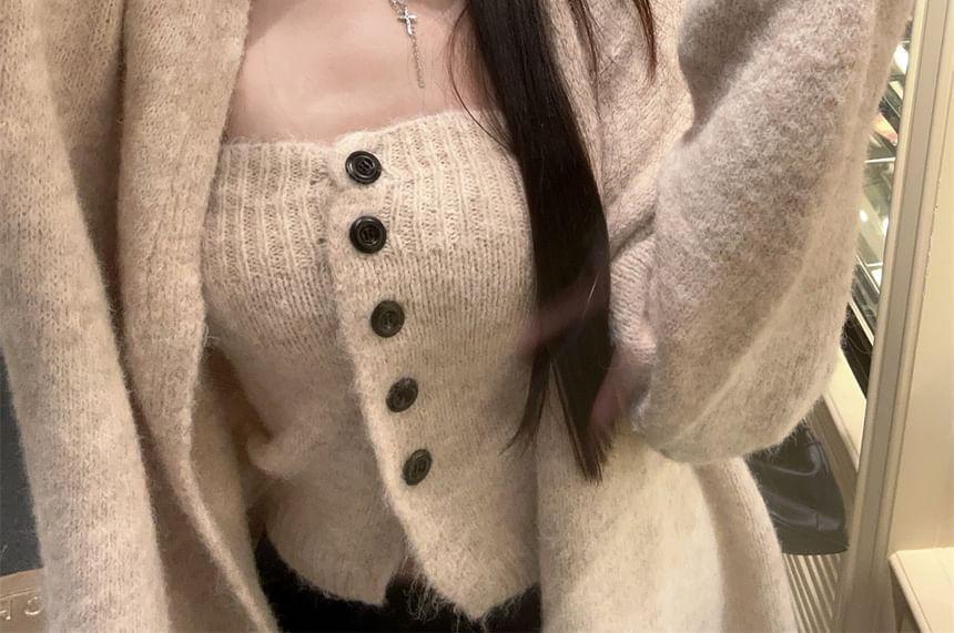 Set: Button Knit Tube Top + Long Cardigan Product Image