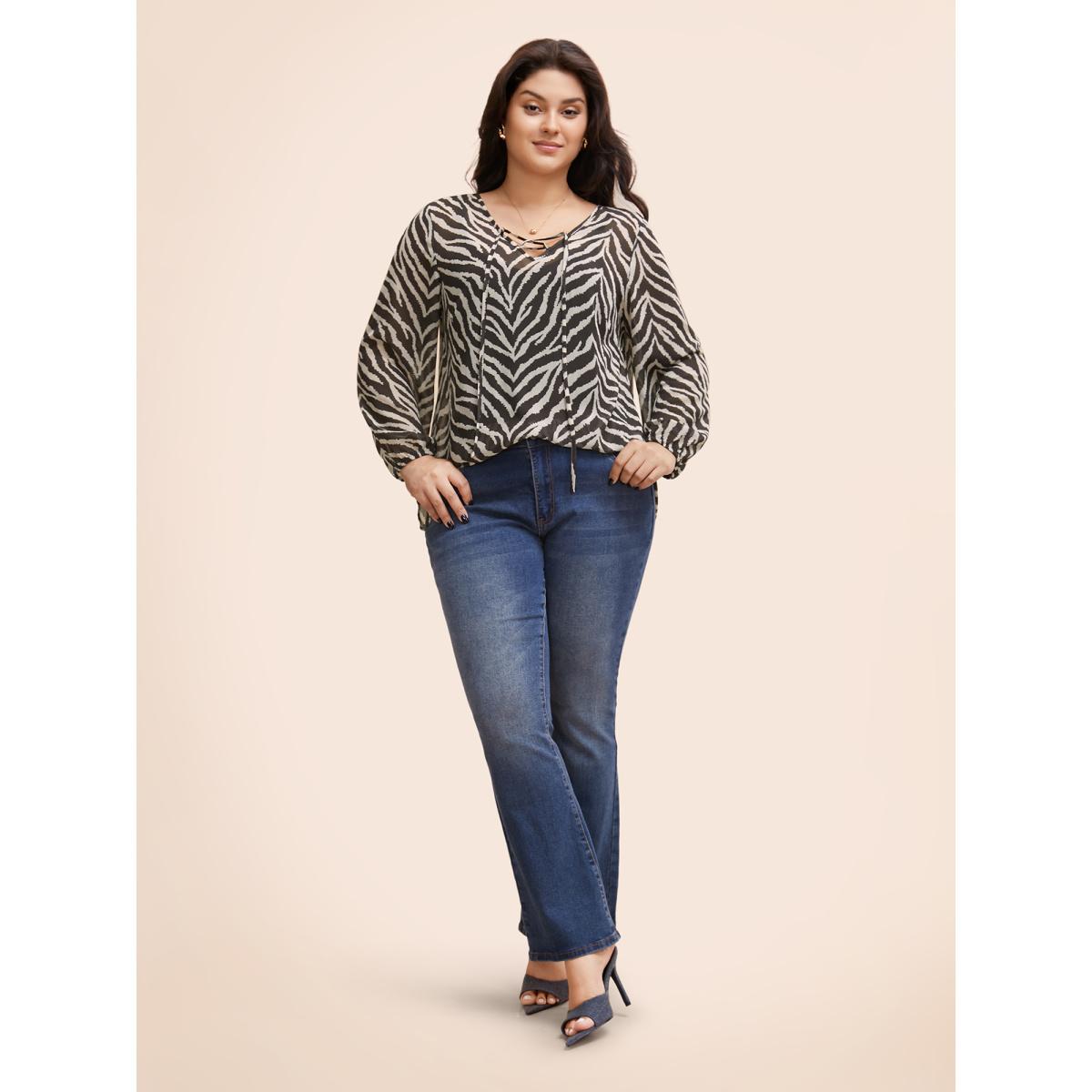 Plus Size Multicolor Zebra Print Lace Up Split Hem Blouse Women Elegant Long Sleeve V-neck Everyday Blouses BloomChic 28/5X Product Image