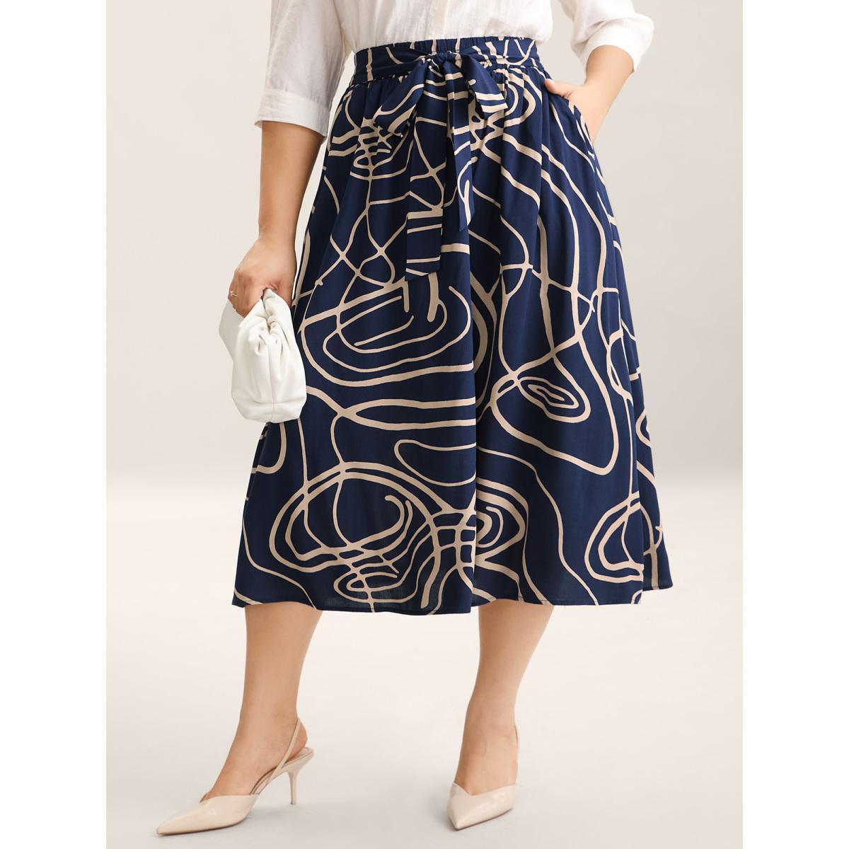 Plus Size Abstract Print Waist-Tie Midi Skirt Women DarkBlue At the Office Low stretch Slanted pocket Work Skirts BloomChic 14-16/1X Product Image