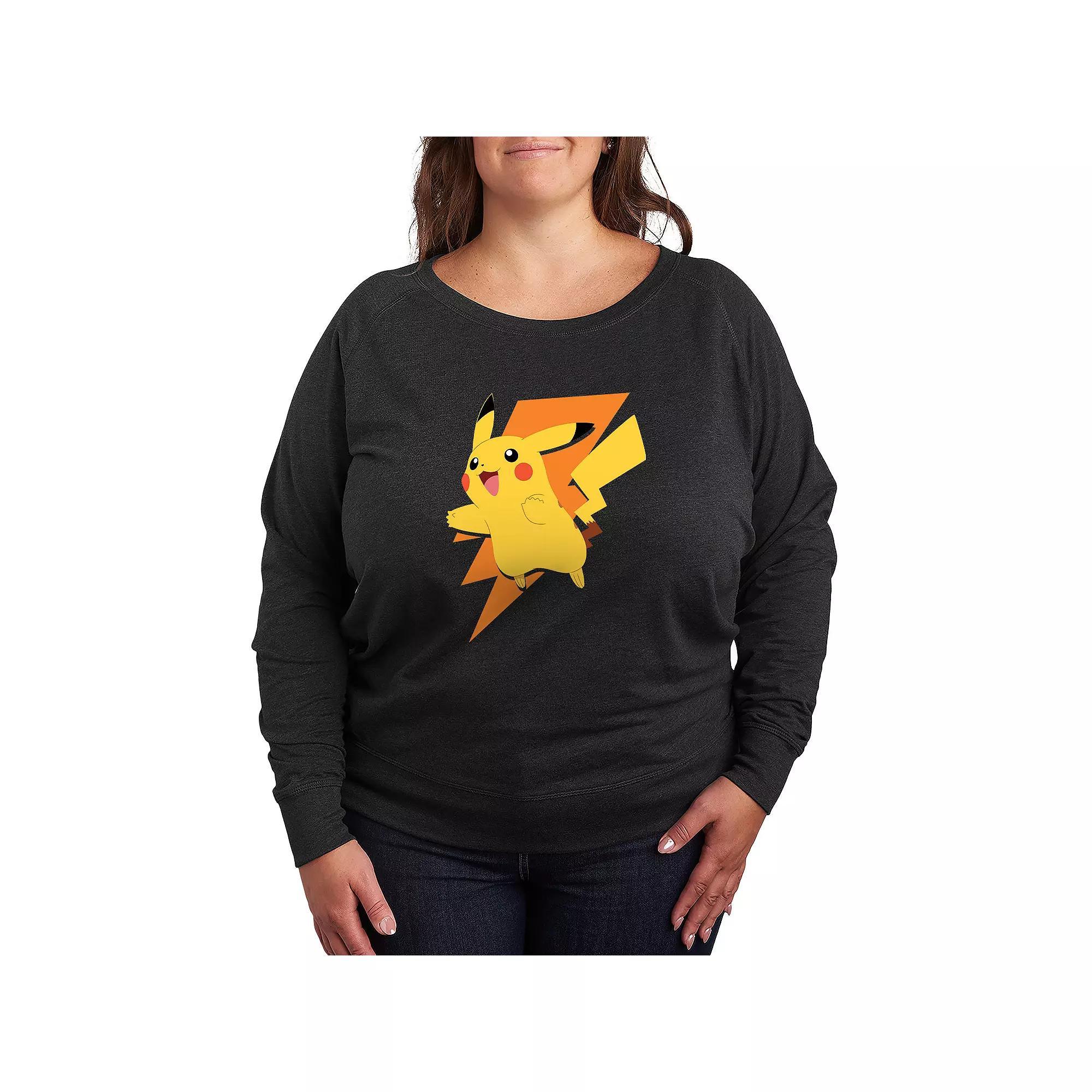 Plus Size Pokemon Pikachu Bolt French Terry Long Sleeve Tee, Womens Grey Indigo Product Image