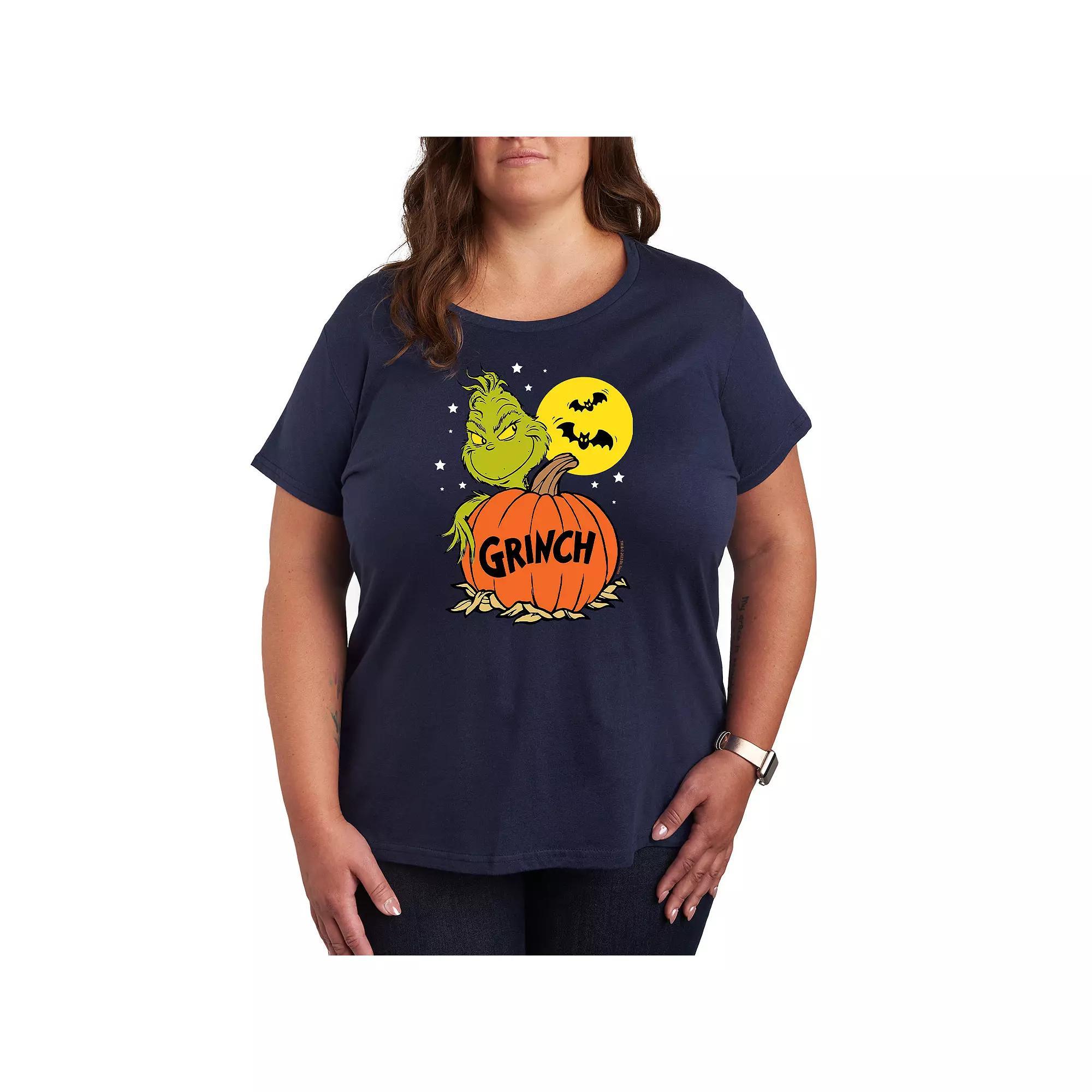 Plus Size Dr. Seuss Grinch Halloween Pumpkin Graphic Tee, Womens Heather Grey Product Image