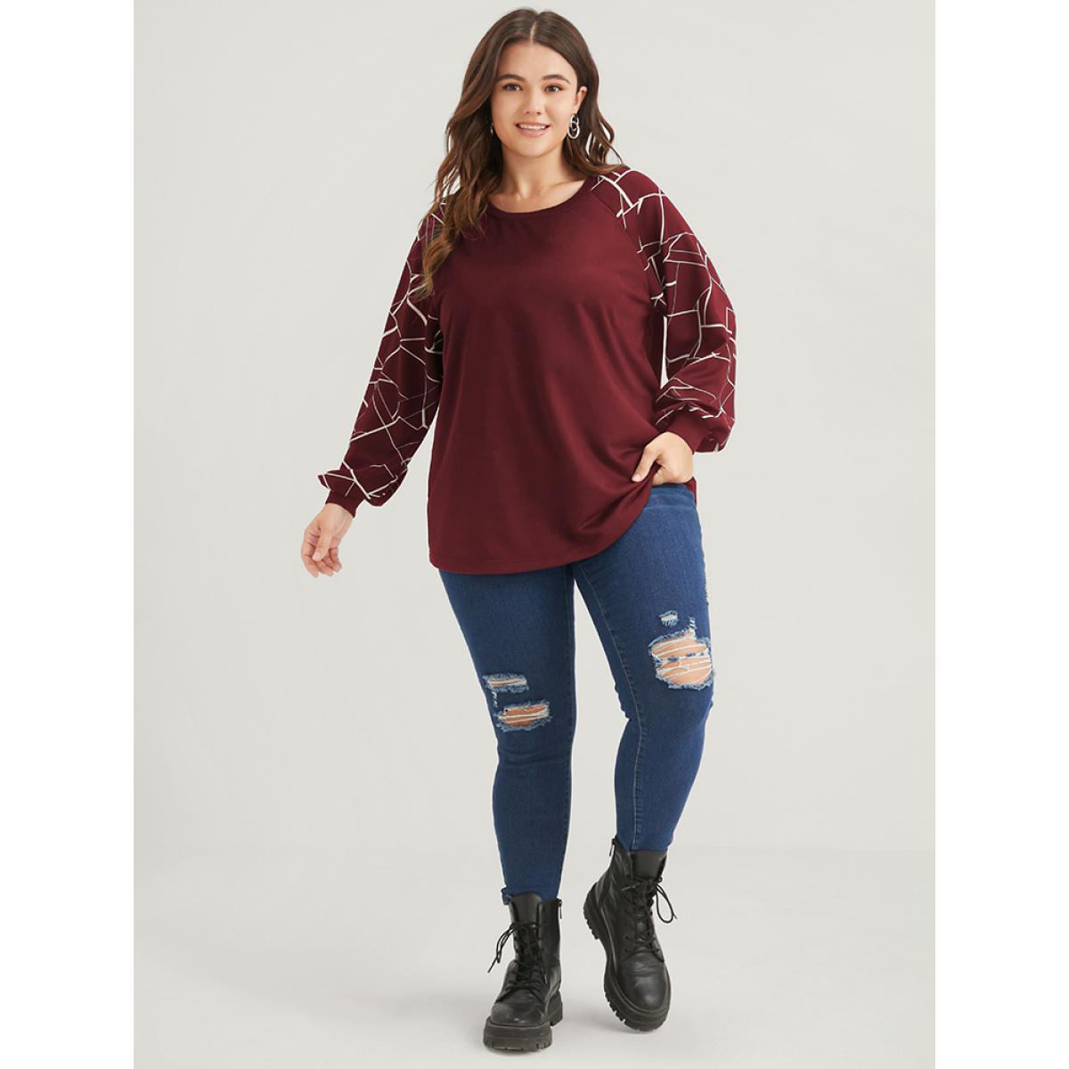 Plus Size Geometric Raglan Sleeve Round Neck Sweatshirt Women Burgundy Elegant Patchwork Round Neck Dailywear Sweatshirts BloomChic 18-20/2X Product Image