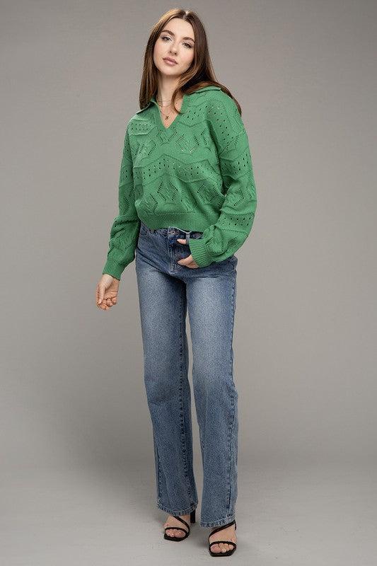Hole-knit collared sweater Product Image