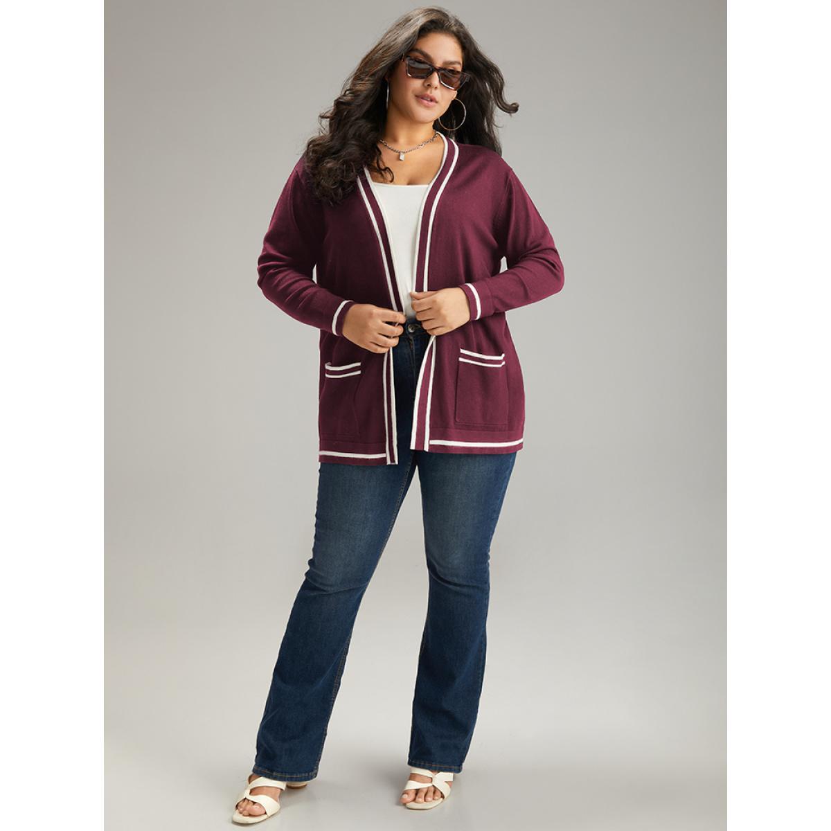 Plus Size Supersoft Essentials Striped Patchwork Pocket Open Front Cardigan Burgundy Women Casual Loose Long Sleeve Everyday Cardigans BloomChic 22-24/3X Product Image