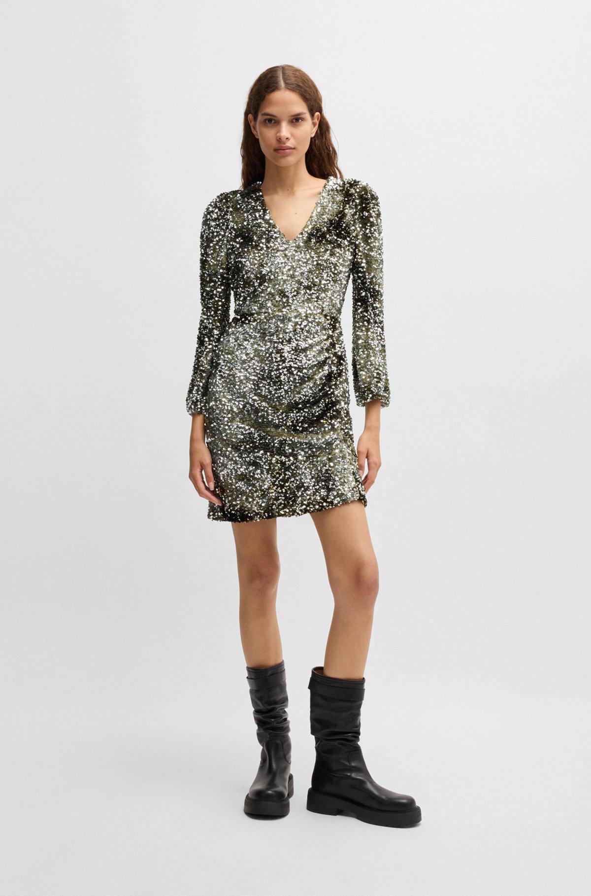 Long-sleeved velour dress with gathered details Product Image