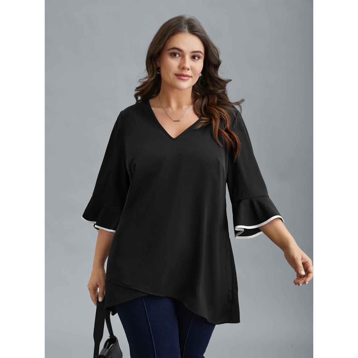 Plus Size Black Color-Block Spliced Ruffled Overlap Hem Blouse Women At the Office Elbow-length sleeve V-neck Work Blouses BloomChic 18-20/2X Product Image
