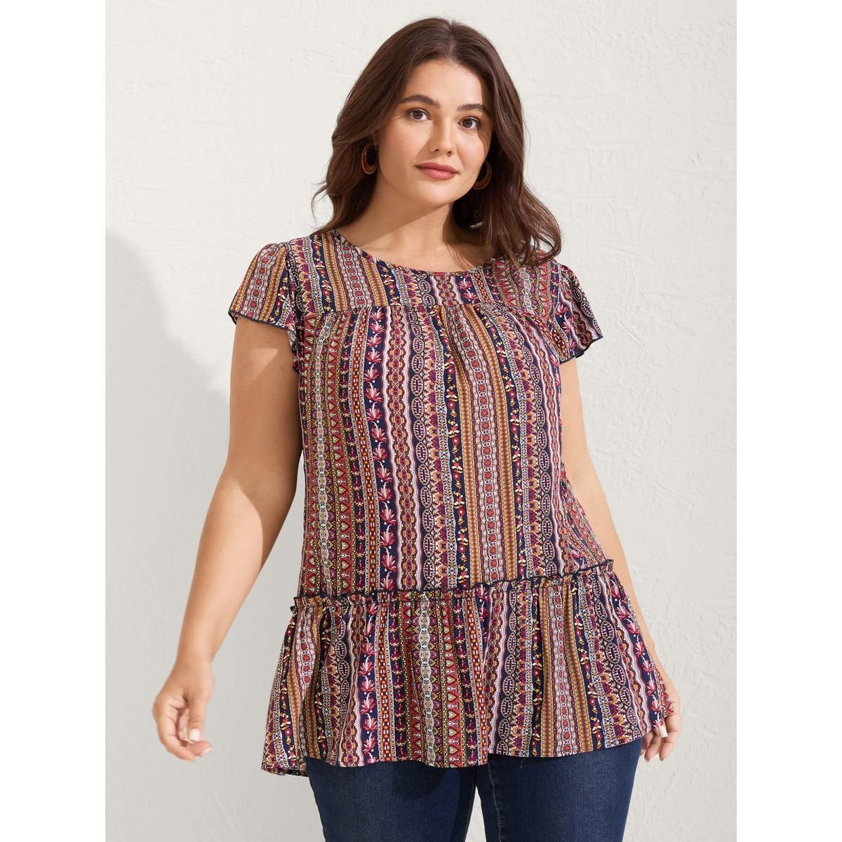 Plus Size Midnight Boho Stripes Tiered Ruffle Blouse Women Cap Sleeve Round Neck Vacation Blouses BloomChic 18-20/2X Product Image