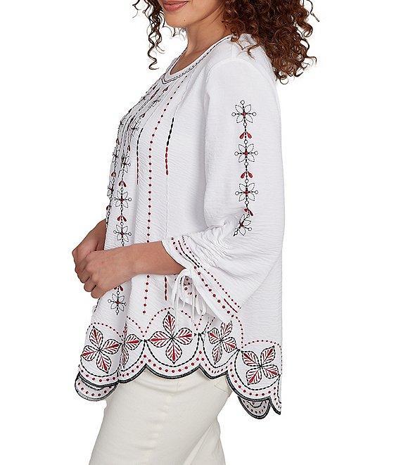 Ruby Rd. Soft Crepe Gauze Embroidered Scoop Neck 3/4 Tie Sleeve Top Product Image