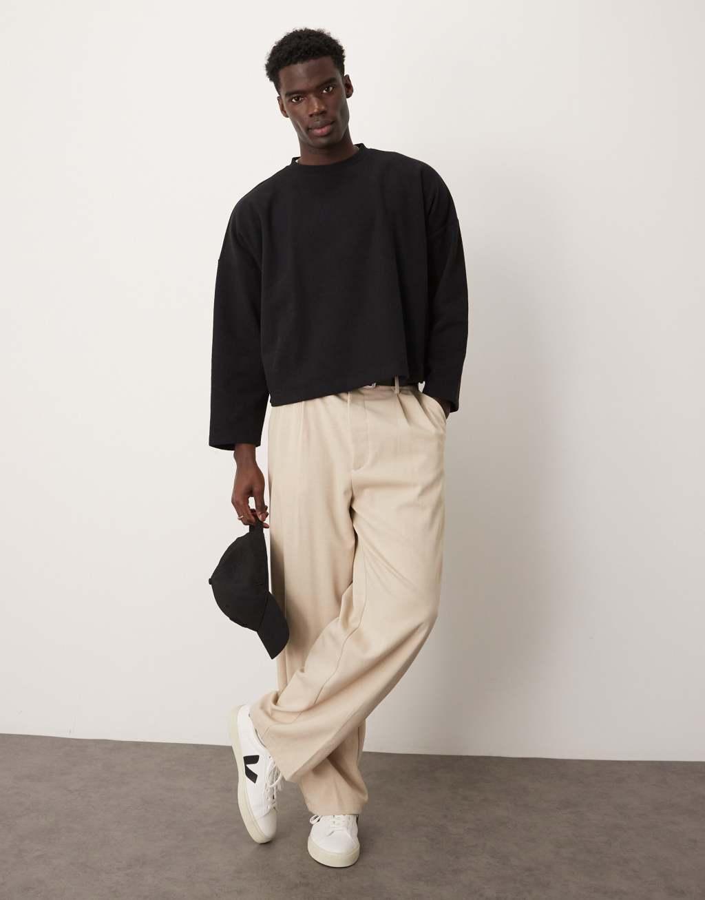 ASOS DESIGN super oversized cropped sweater in heavyweight brushed rib in black Product Image