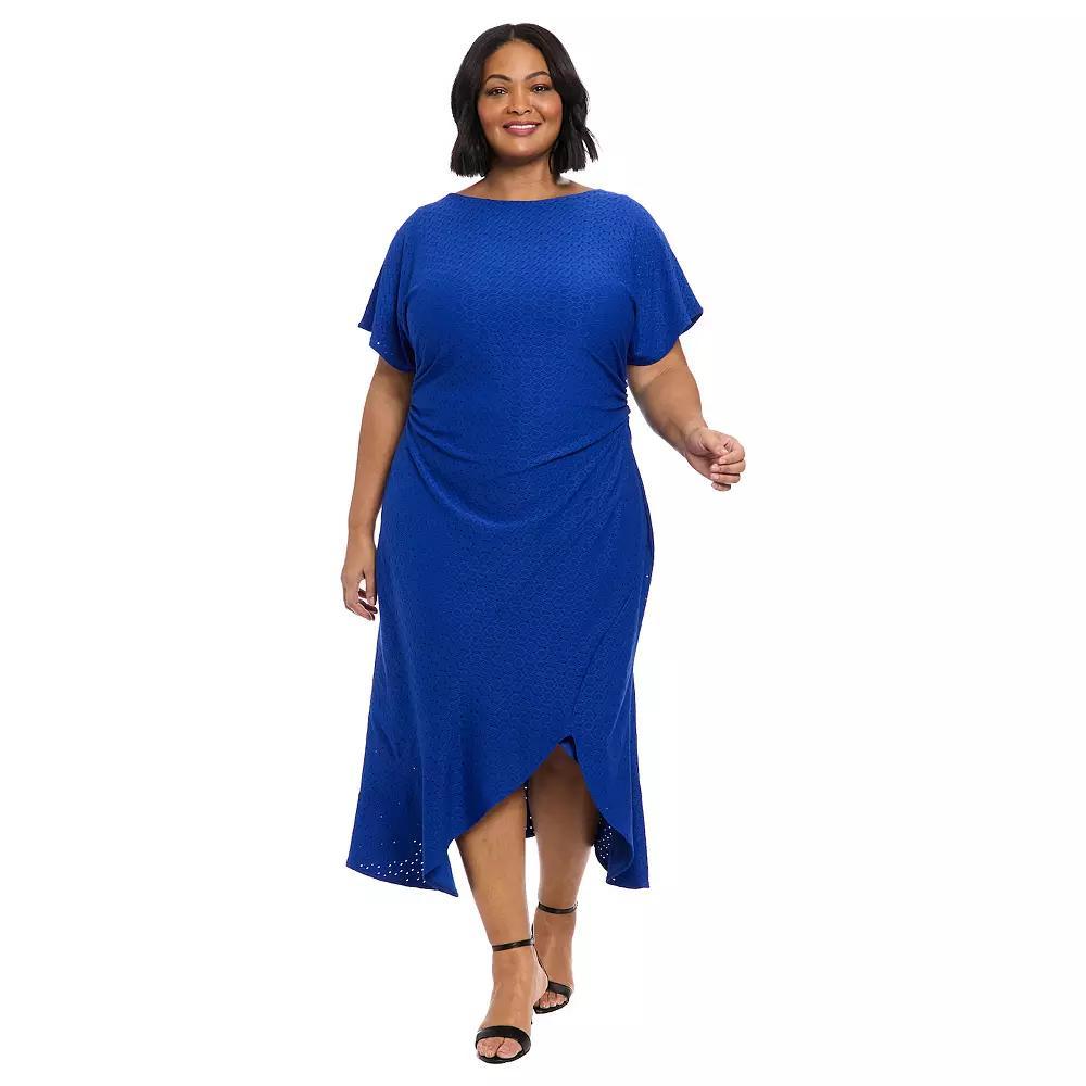 Plus Size London Times Eyelet Asymmetric Hem Midi Dress, Womens Product Image