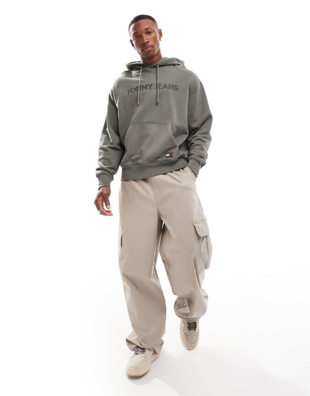 Tommy Jeans tonal linear logo hoodie in washed khaki Product Image