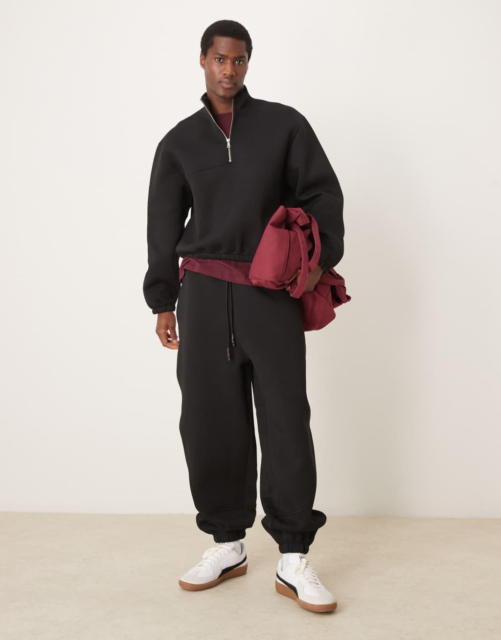 ASOS DESIGN scuba oversized boxy half zip sweatshirt in black - part of a set Product Image
