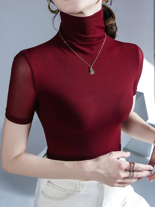 Half Sleeves Skinny Solid Color High Neck T-Shirts Tops Product Image