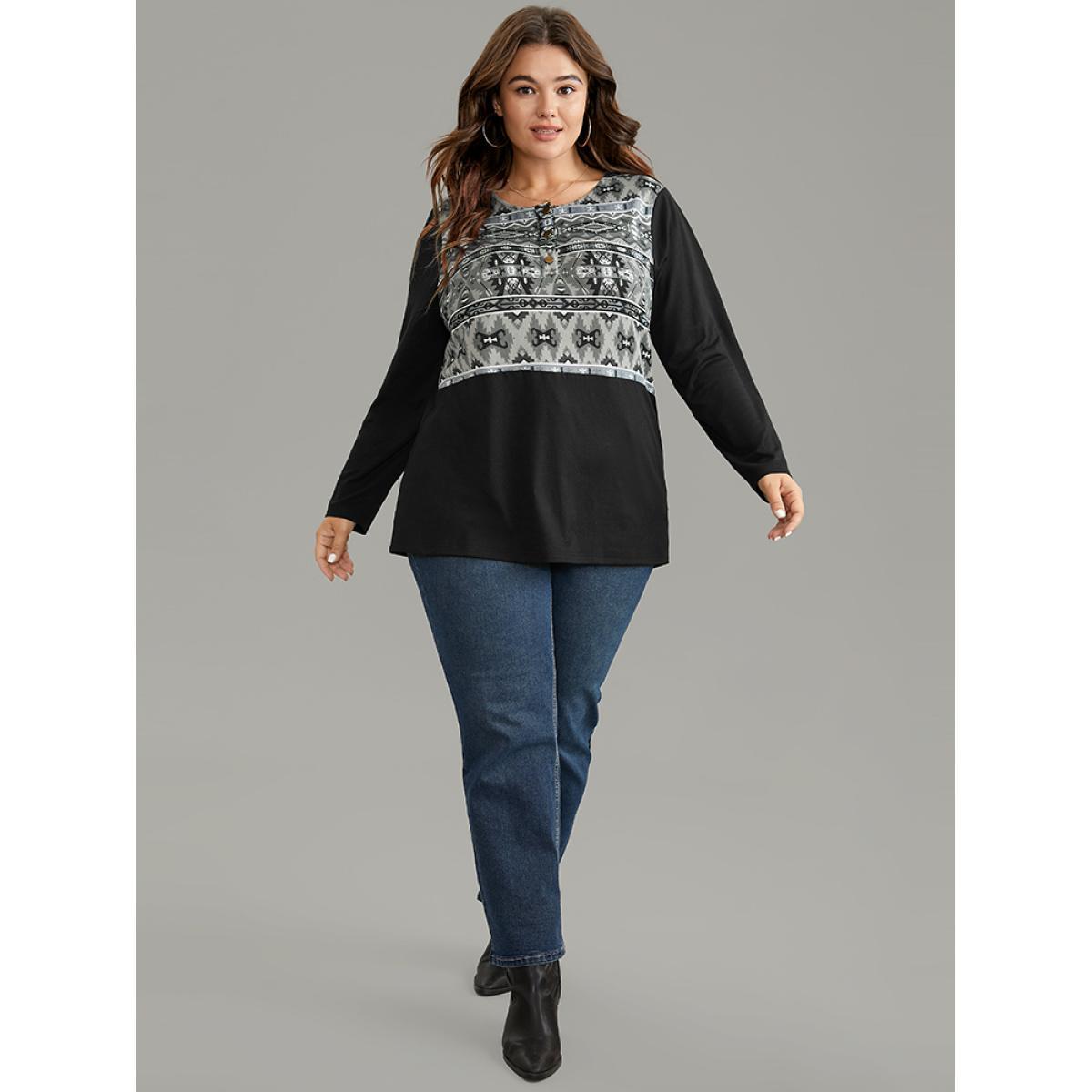 Plus Size Boho Print Patchwork Button Up T-shirt Black Women Casual Patchwork Bohemian Print Round Neck Dailywear T-shirts BloomChic 10/M Product Image