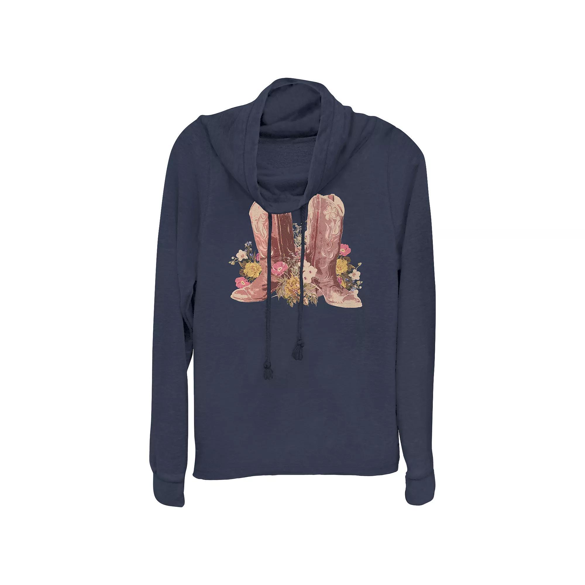 Women's Plus Cowgirl Boots And Flowers Cowlneck Graphic Lightweight Long Sleeve, Girl's, Size: 1XL, Blue Product Image