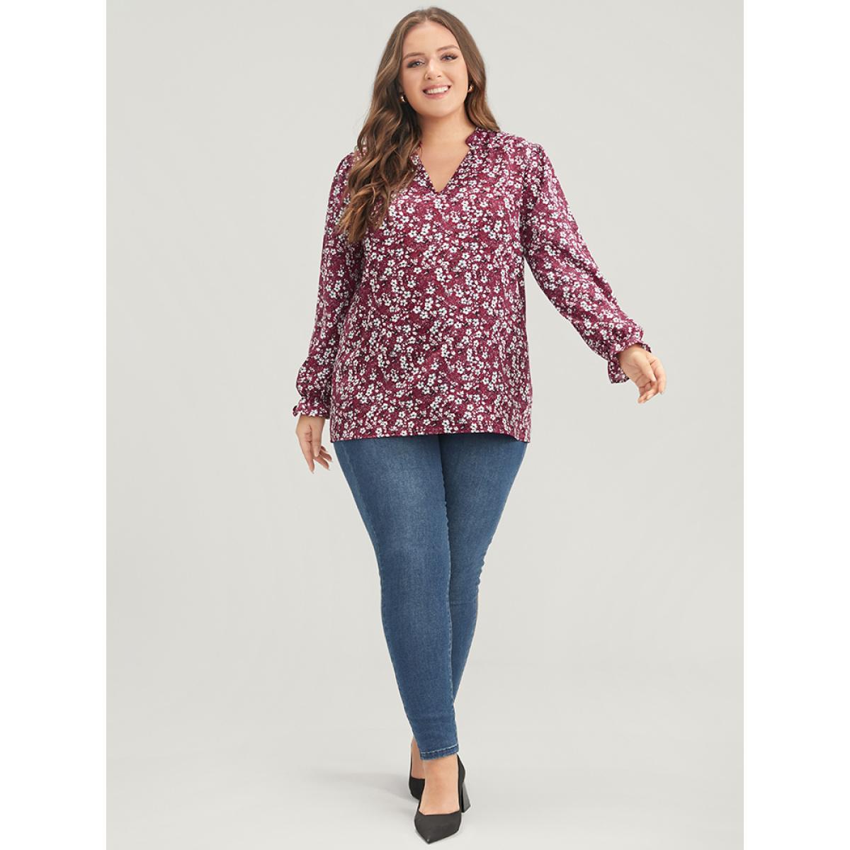 Plus Size Burgundy Floral Lantern Sleeve Arc Hem V Neck Blouse Women Elegant Long Sleeve V-neck Dailywear Blouses BloomChic 18-20/2X Product Image