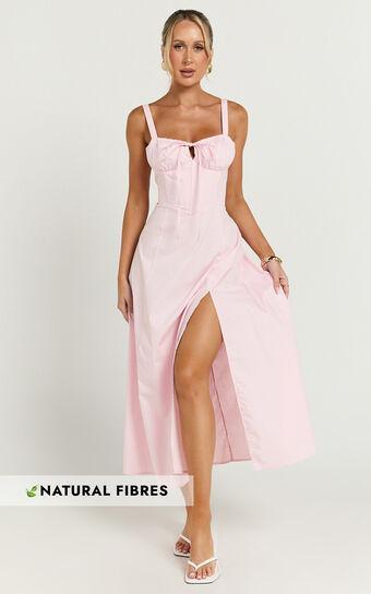 Maiya Midi Dress - Tie Front Fitted Bodice Dress in Soft Pink Product Image