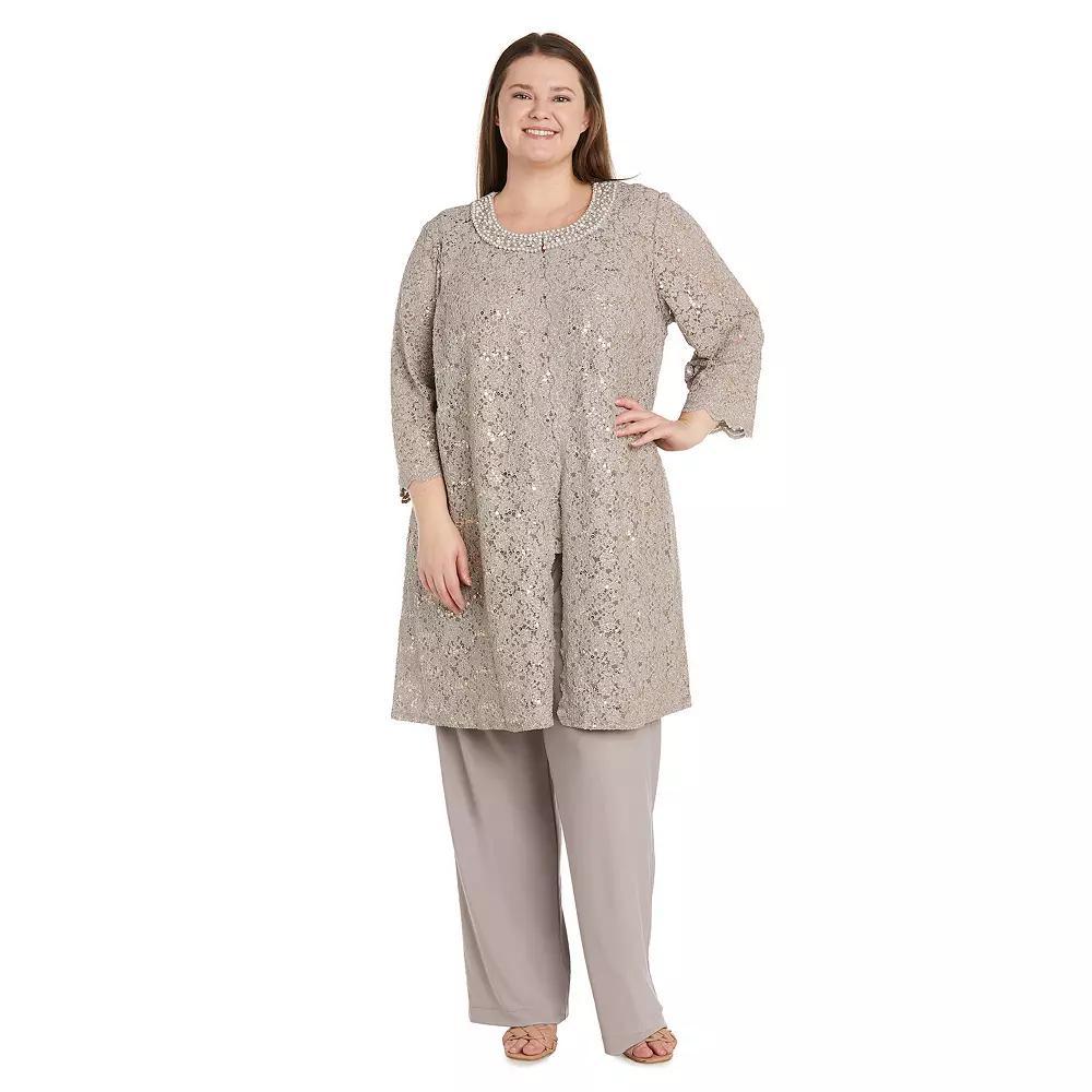Plus Size R&M Richards 3-pc. Duster Pant Set with Scallop Edge Jacket Lace Tank Top & Jersey Pant, Women's, Size: 16 W, Brown Product Image