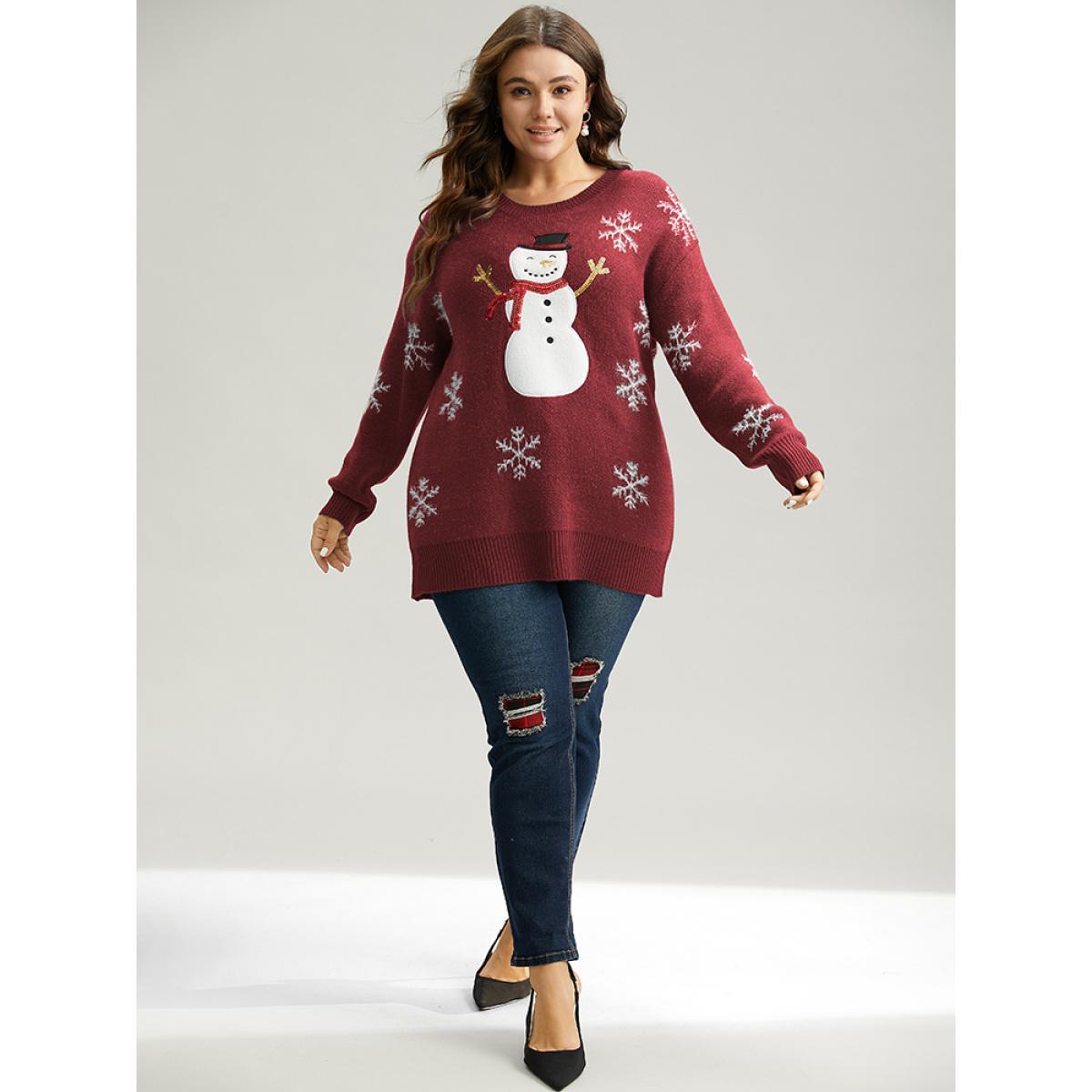 Plus Size Sequin Christmas Graphic Drop Shoulder Pullover Burgundy Women Casual Loose Long Sleeve Round Neck Festival-Christmas Pullovers BloomChic 26/4X Product Image