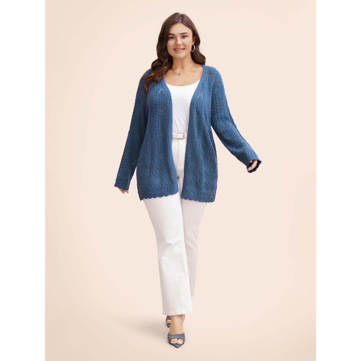 Plus Size Solid Scalloped Trim Cable Knit Cardigan Aegean Women Casual Loose Long Sleeve Everyday Cardigans BloomChic 30/6X Product Image