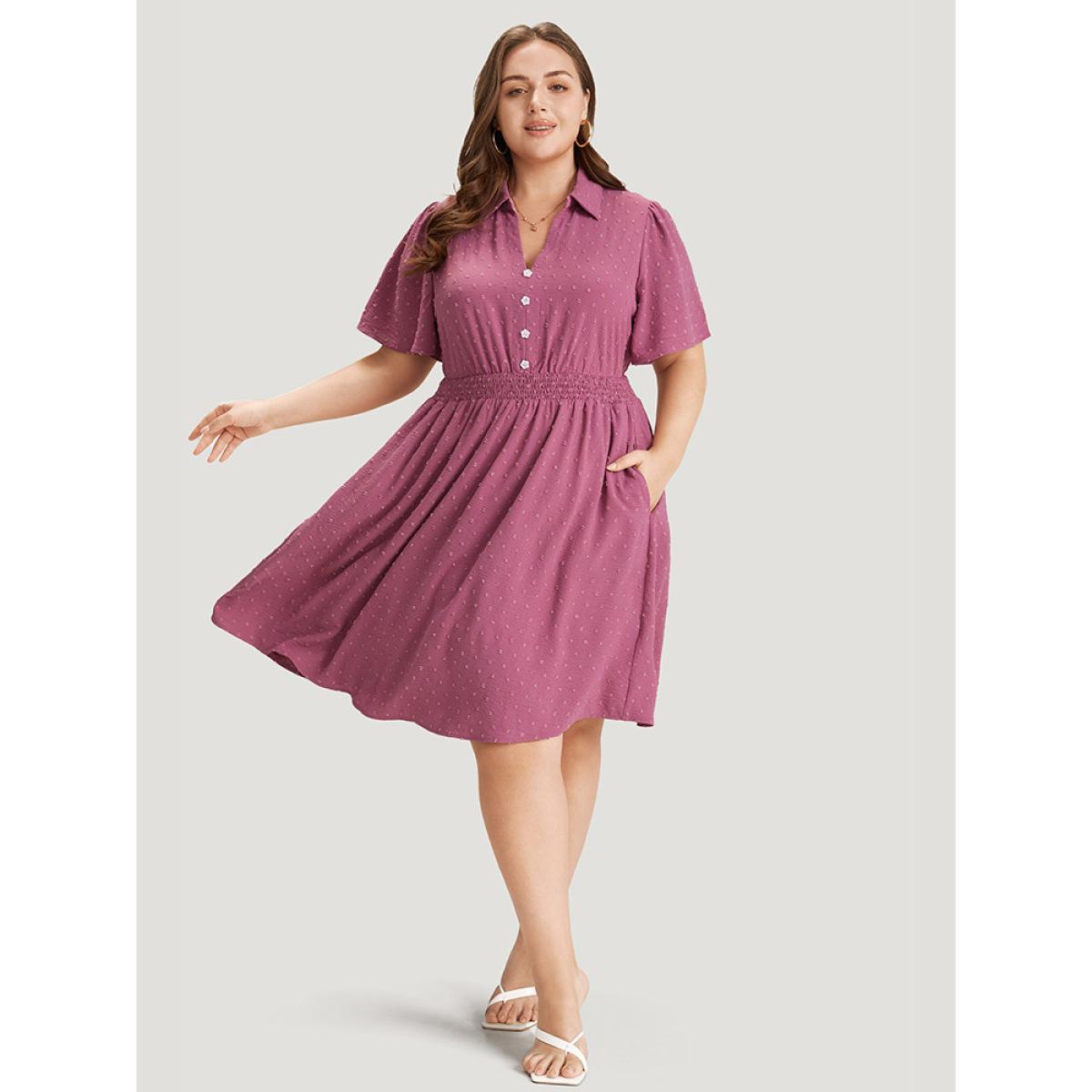 Plus Size Plain Pocket Shirt Collar Shirred Button Detail Dress Purple Women Office Button Shirt collar Short sleeve Curvy Knee Dress BloomChic 28/5X Product Image