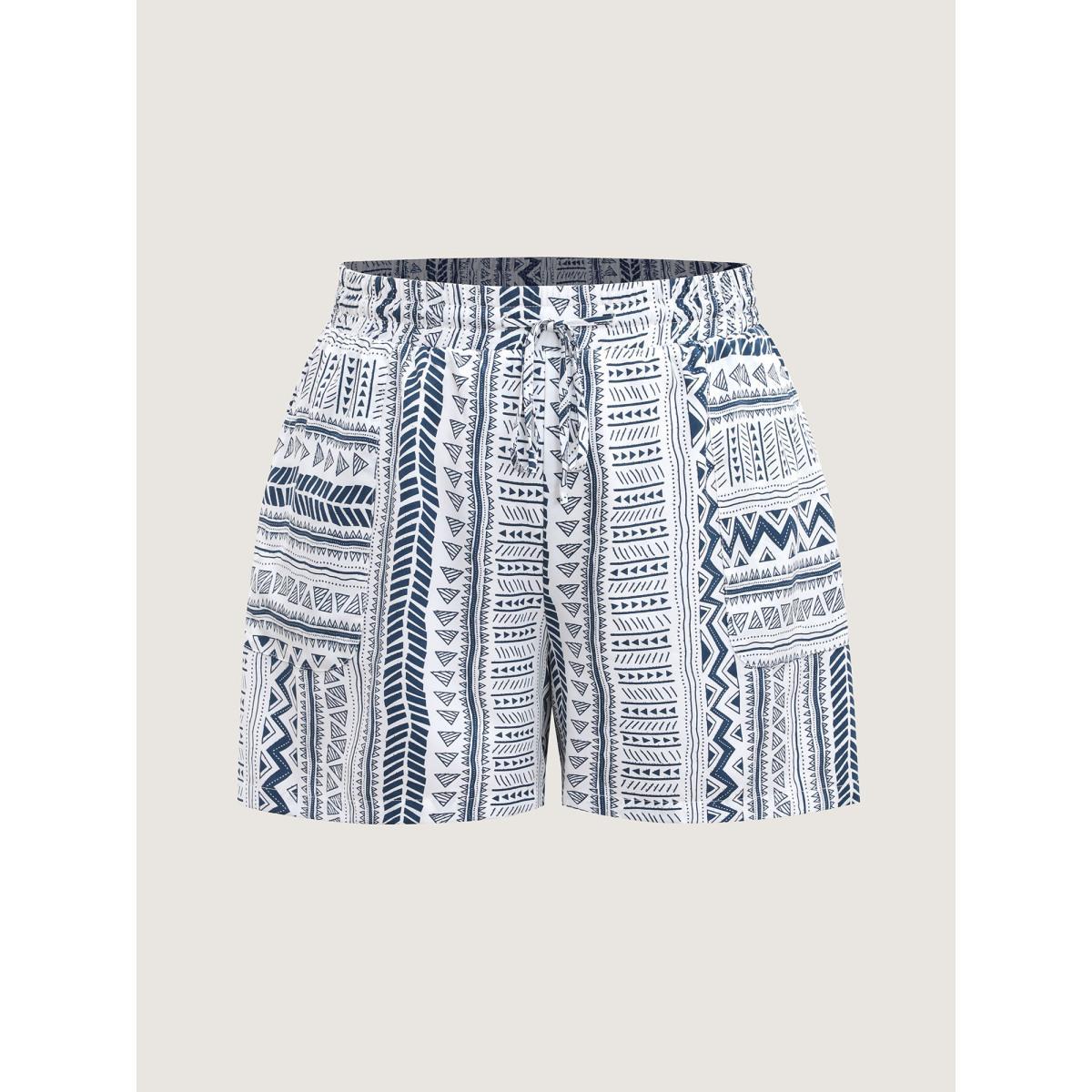 Plus Size Boho Stripe Drawstring Straight-Leg Shorts Women LightBlue Resort Drawstring Straight Leg Vacation Shorts BloomChic 18-20/2X Product Image