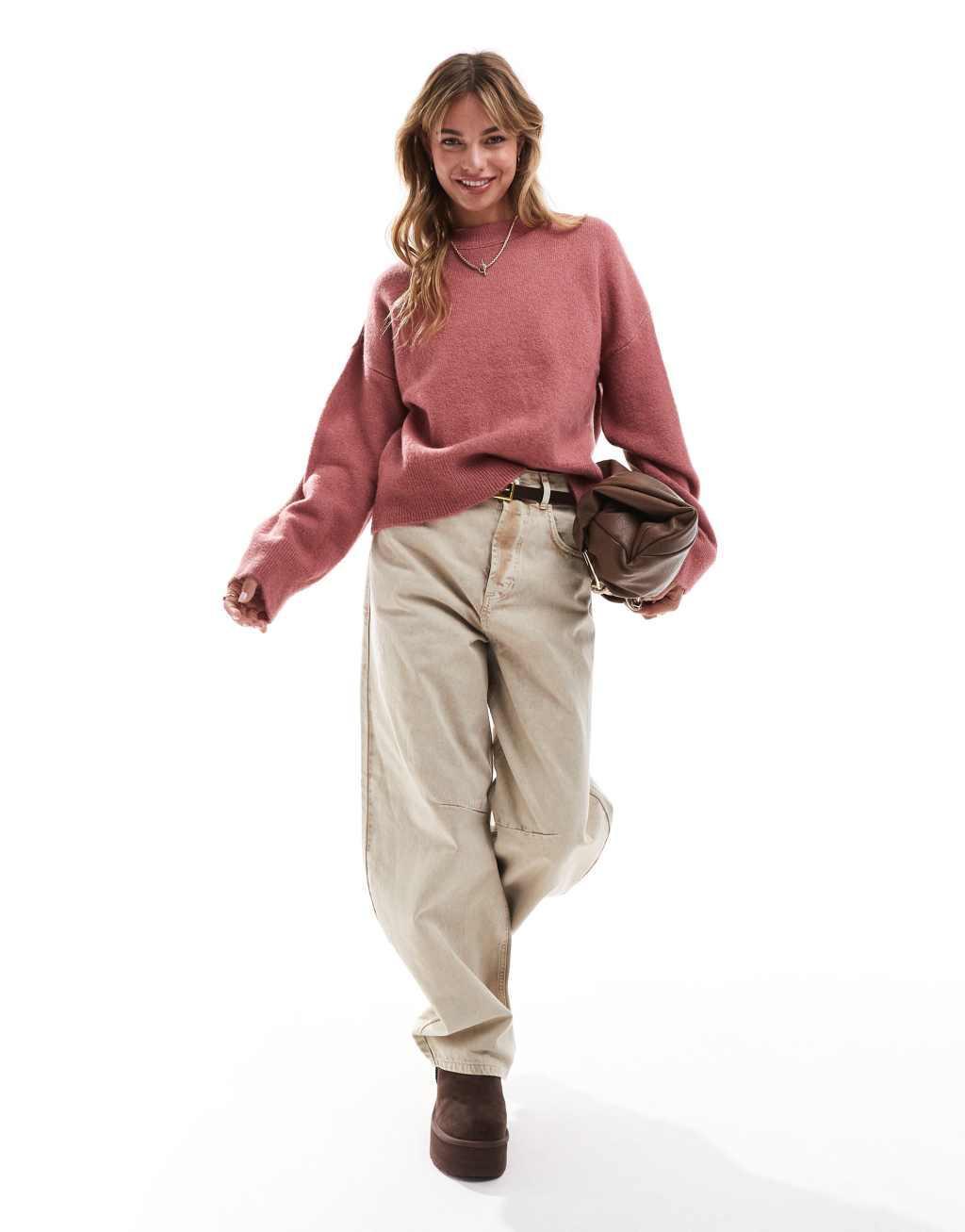 ASOS DESIGN knitted crew neck boxy sweater in pink Product Image