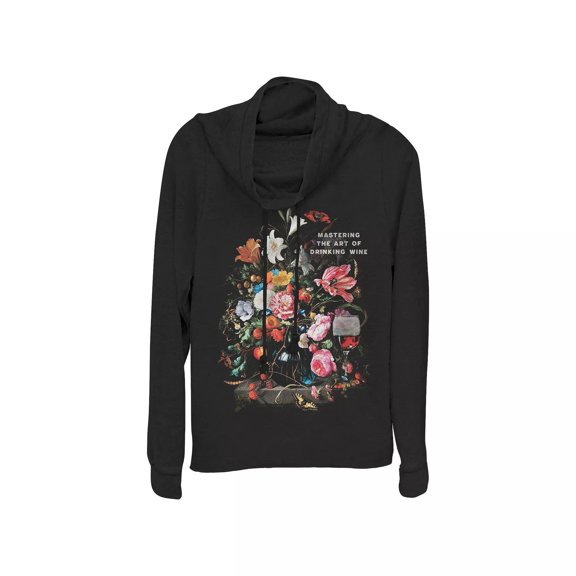 Women's Mastering The Art Of Drinking Wine Cowlneck Graphic Lightweight Long Sleeve, Size: Small, Black Product Image