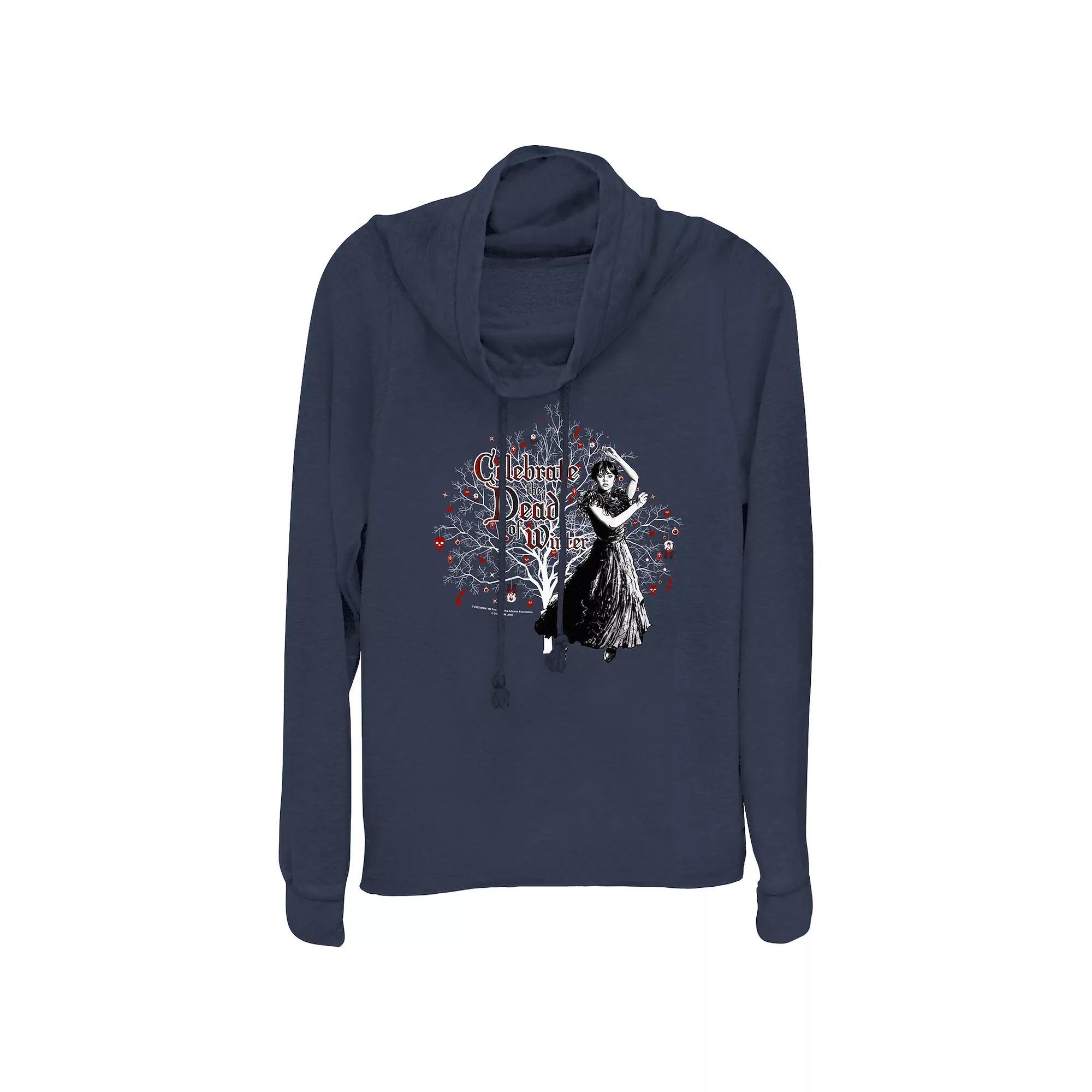 Womens Wednesday Celebrate The Dead Of Winter Cowlneck Graphic Lightweight Long Sleeve Blue Product Image