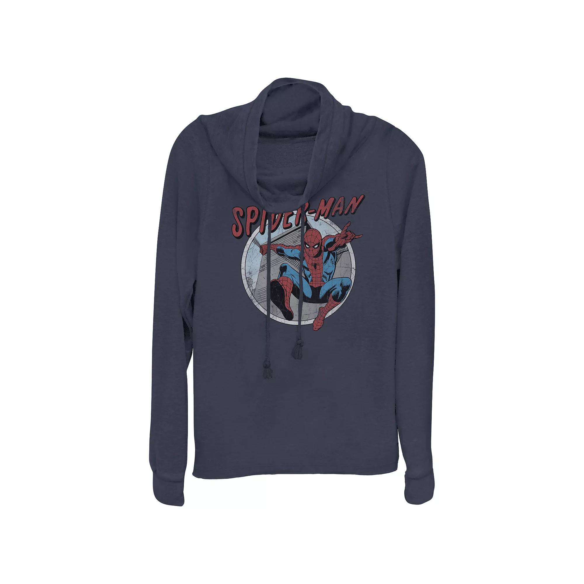 Juniors' Spider-Man Retro Stamp Cowlneck Graphic Lightweight Long Sleeve, Girl's, Size: XL, Blue Product Image